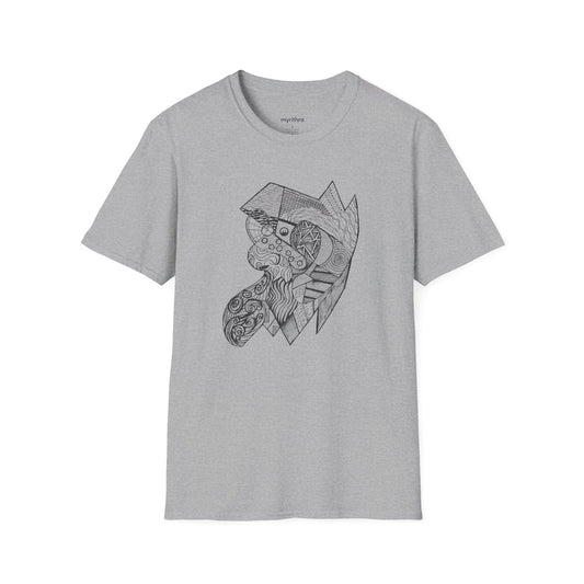 Viking Geometric Line Art T-Shirt — Detailed Norse Beard & Helmet Illustration