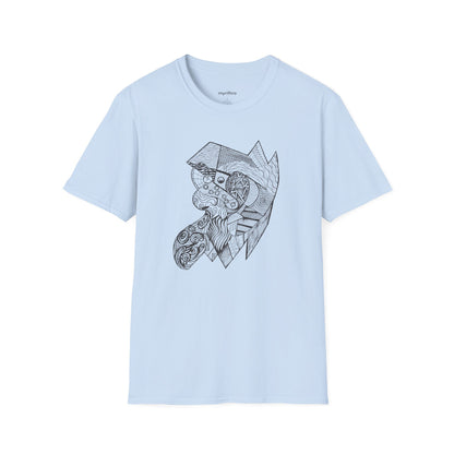Viking Geometric Line Art T-Shirt — Detailed Norse Beard & Helmet Illustration