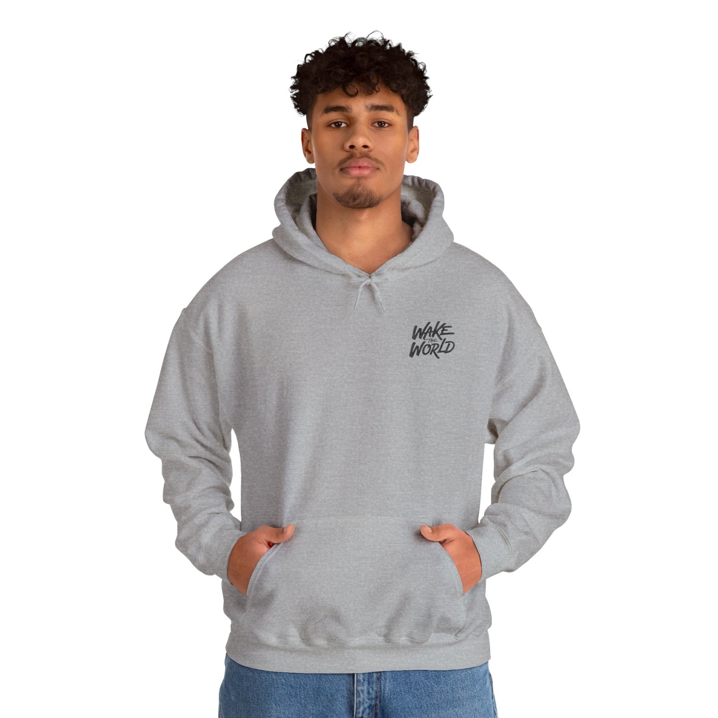 Hoodie — "Wake the World" Minimal Chest-Logo Pullover