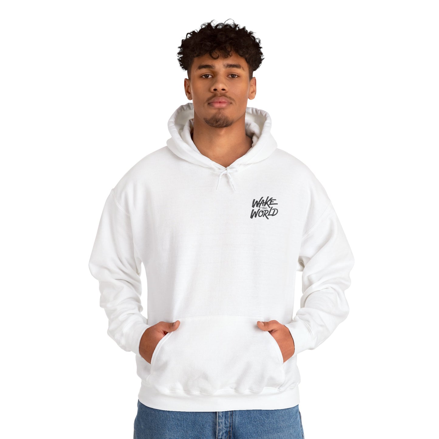 Hoodie — "Wake the World" Minimal Chest-Logo Pullover