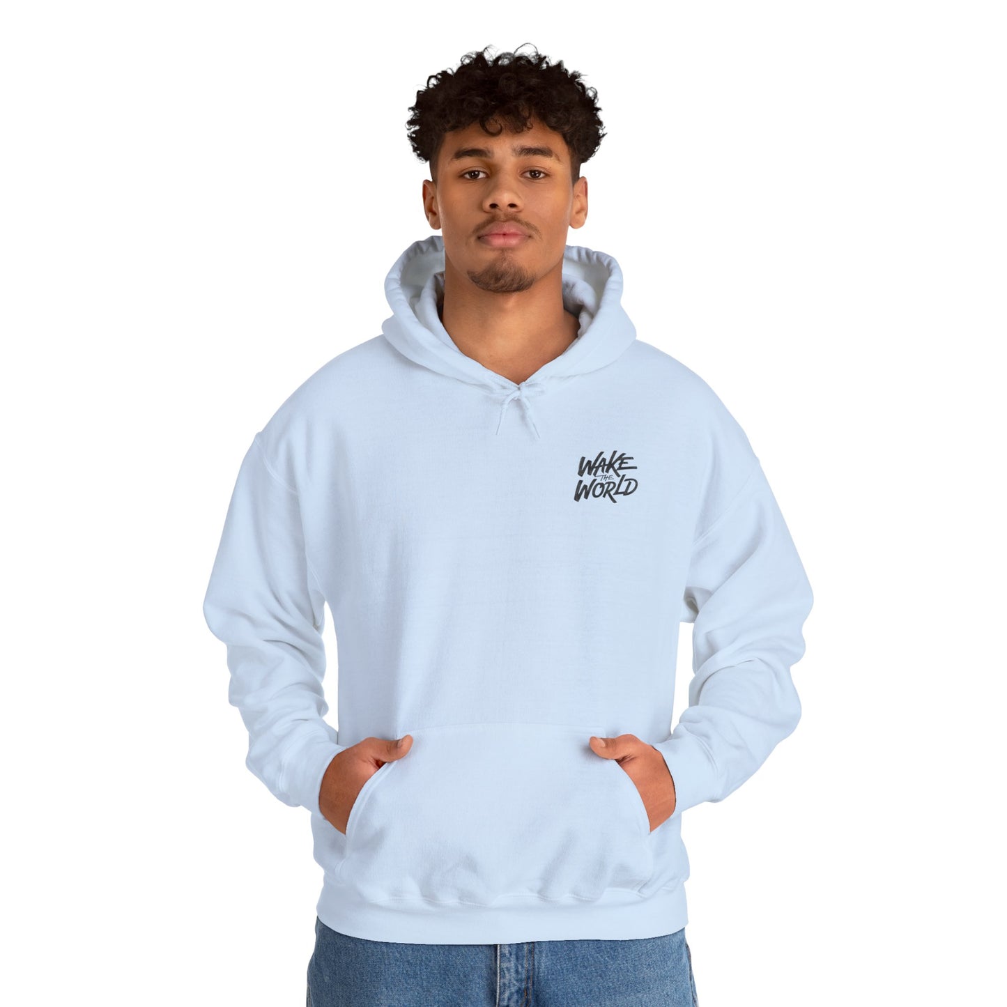 Hoodie — "Wake the World" Minimal Chest-Logo Pullover