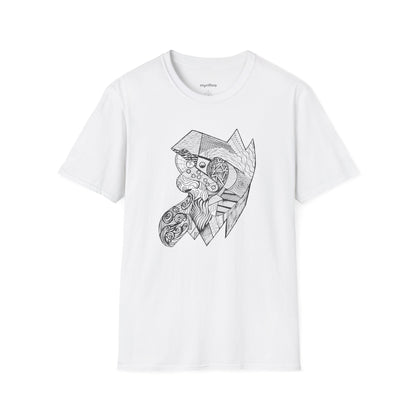 Viking Geometric Line Art T-Shirt — Detailed Norse Beard & Helmet Illustration