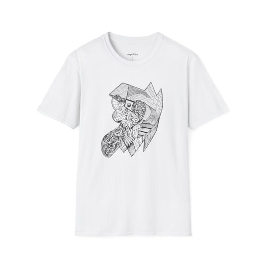 Viking Geometric Line Art T-Shirt — Detailed Norse Beard & Helmet Illustration