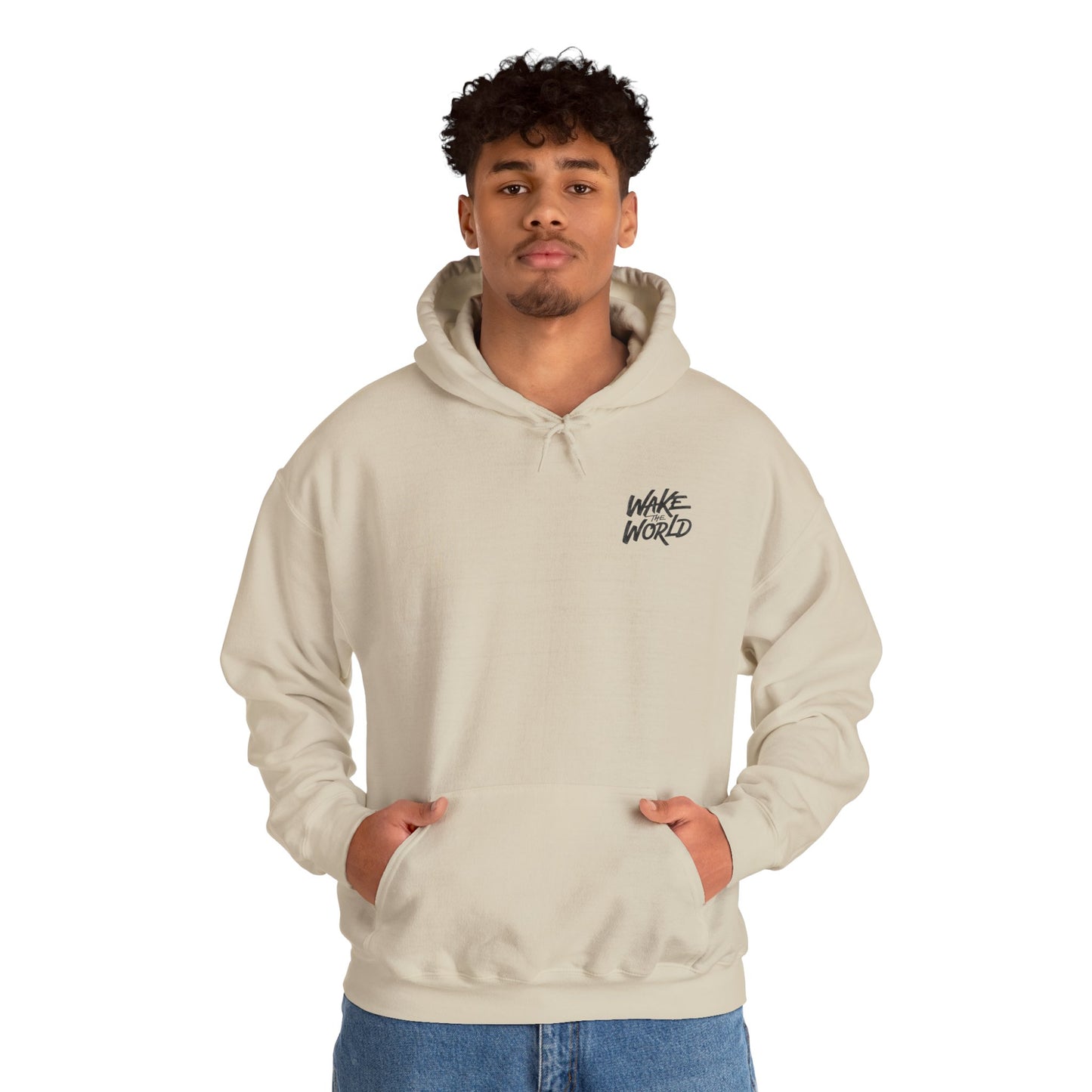 Hoodie — "Wake the World" Minimal Chest-Logo Pullover