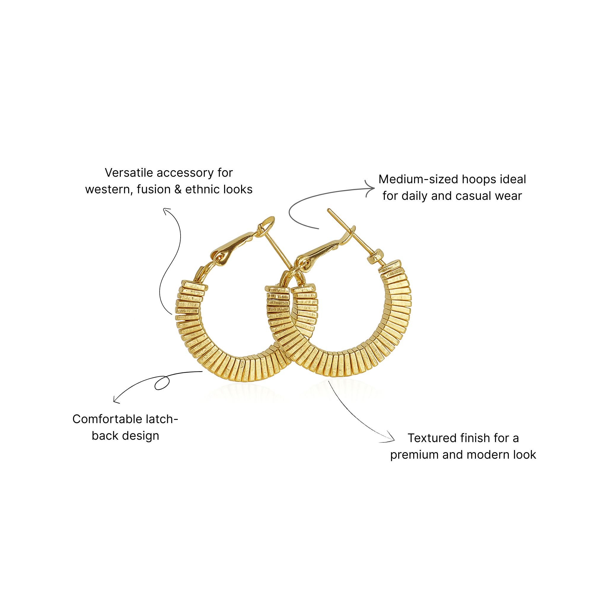 Myrithra Anti‑Tarnish Textured Hoop Earrings for Women | Gold‑Tone Daily Wear - Myrithra