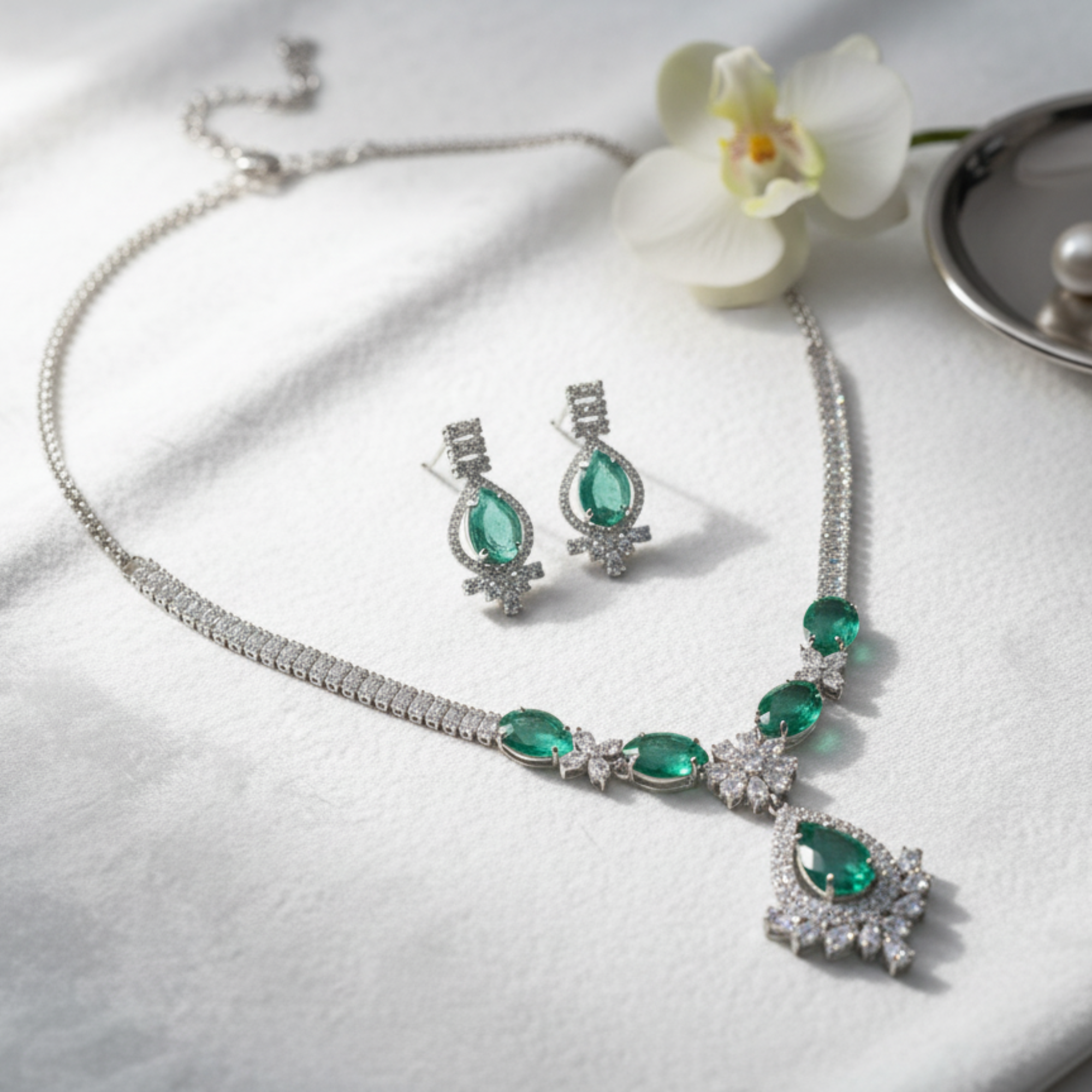 Myrithra Emerald‑Green Crystal Necklace with Earrings Set | Rhodium‑Finish Bridal Party Jewelry - Myrithra