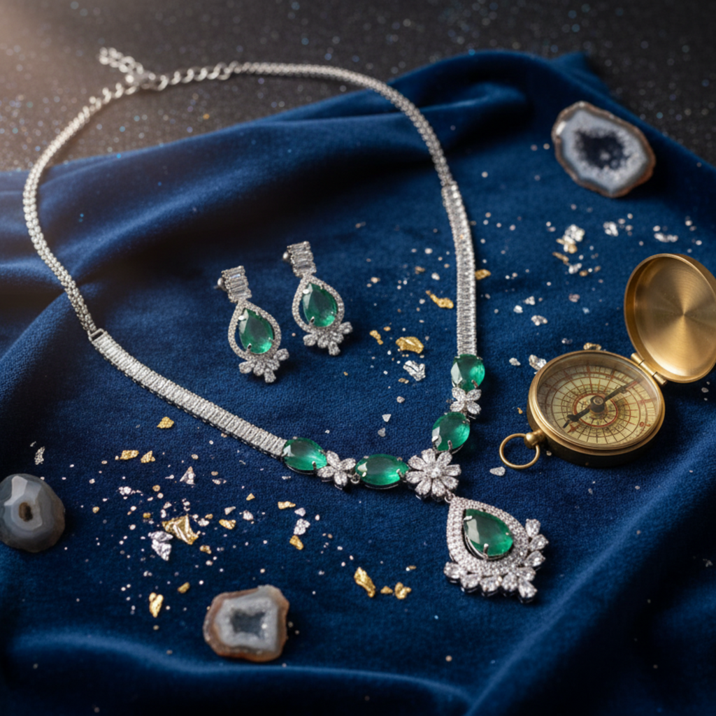 Myrithra Emerald‑Green Crystal Necklace with Earrings Set | Rhodium‑Finish Bridal Party Jewelry - Myrithra