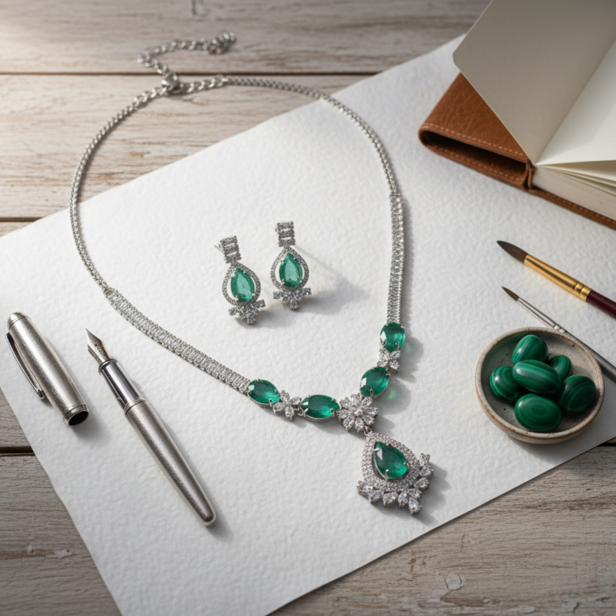Myrithra Emerald‑Green Crystal Necklace with Earrings Set | Rhodium‑Finish Bridal Party Jewelry - Myrithra