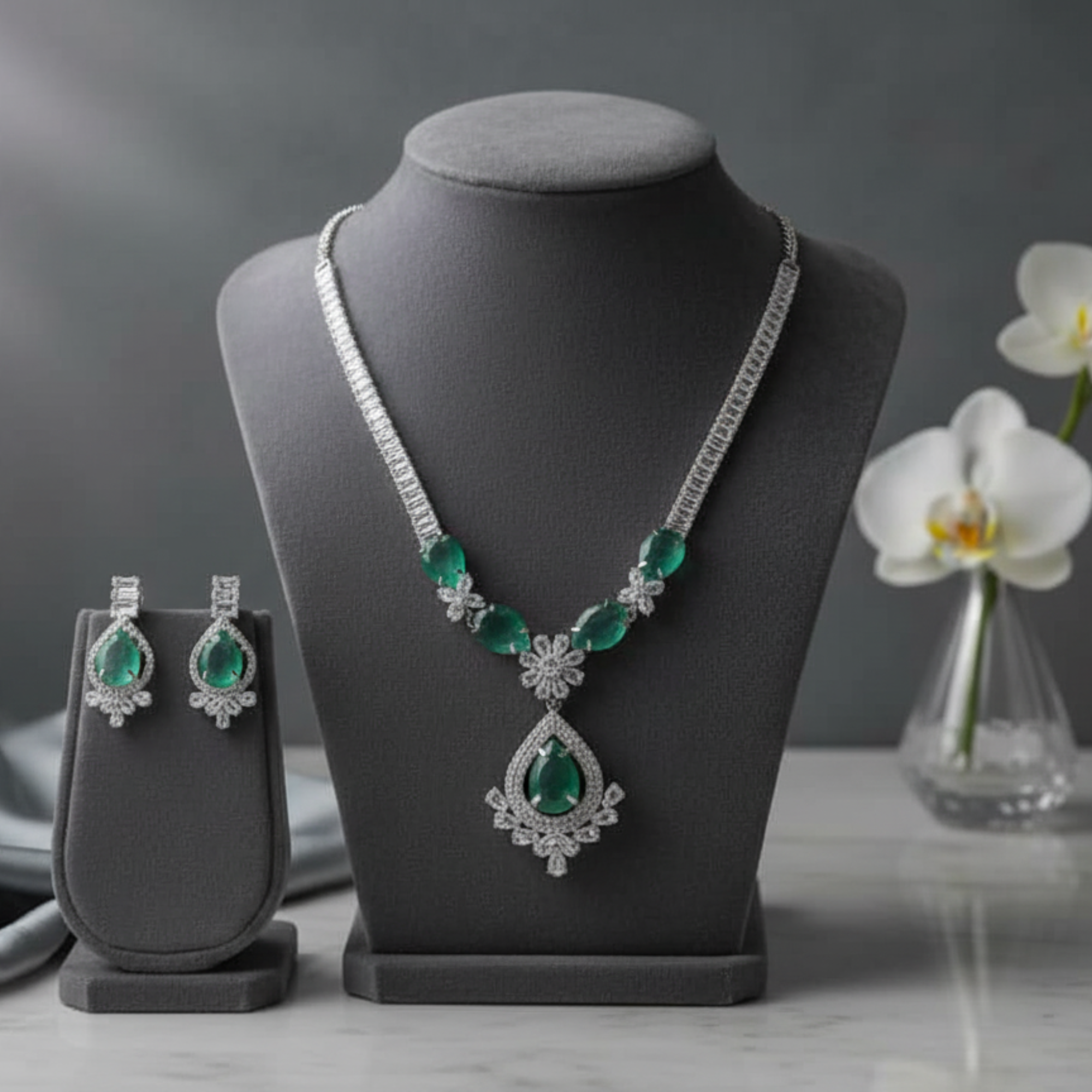 Myrithra Emerald‑Green Crystal Necklace with Earrings Set | Rhodium‑Finish Bridal Party Jewelry - Myrithra