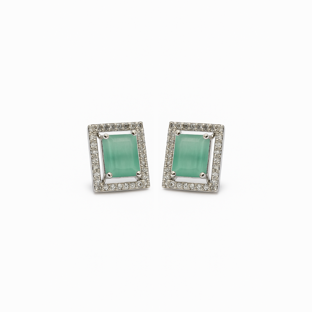 Myrithra Emerald‑Green Halo Stud Earrings for Women | Rhodium‑Finish Sparkle - Myrithra