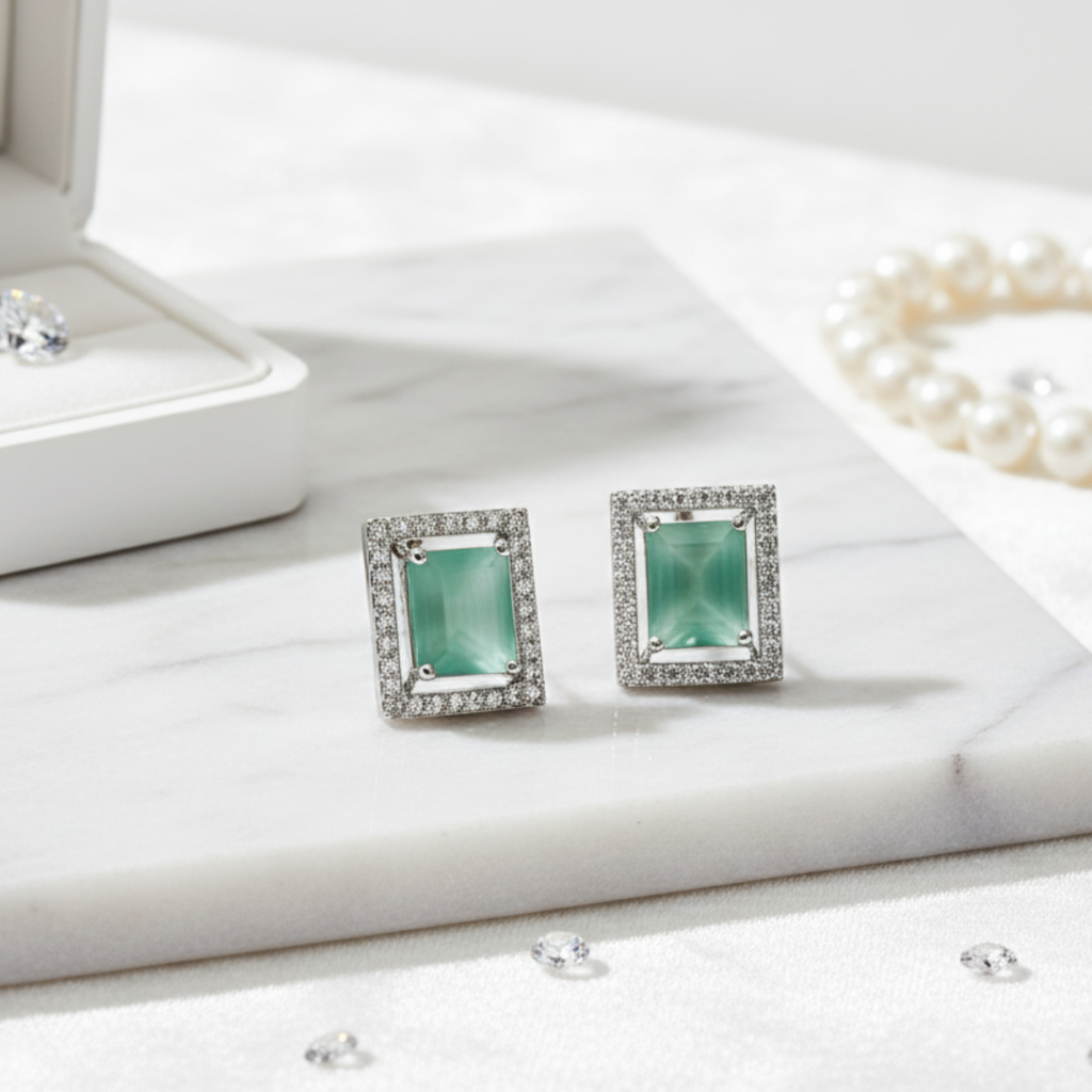 Myrithra Emerald‑Green Halo Stud Earrings for Women | Rhodium‑Finish Sparkle - Myrithra
