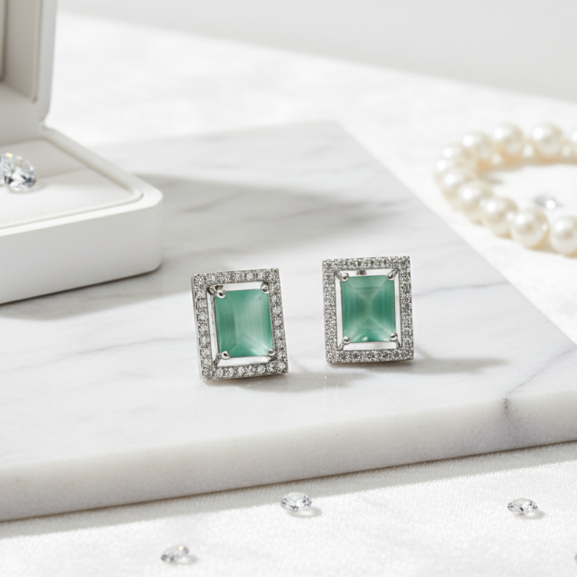 Myrithra Emerald‑Green Halo Stud Earrings for Women | Rhodium‑Finish Sparkle - Myrithra