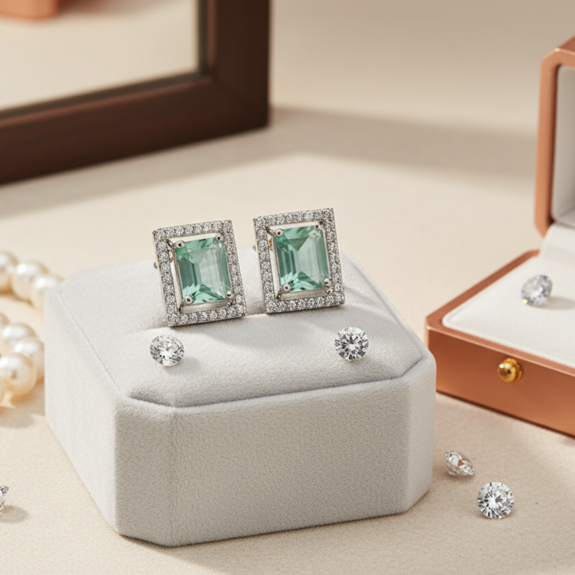 Myrithra Emerald‑Green Halo Stud Earrings for Women | Rhodium‑Finish Sparkle - Myrithra