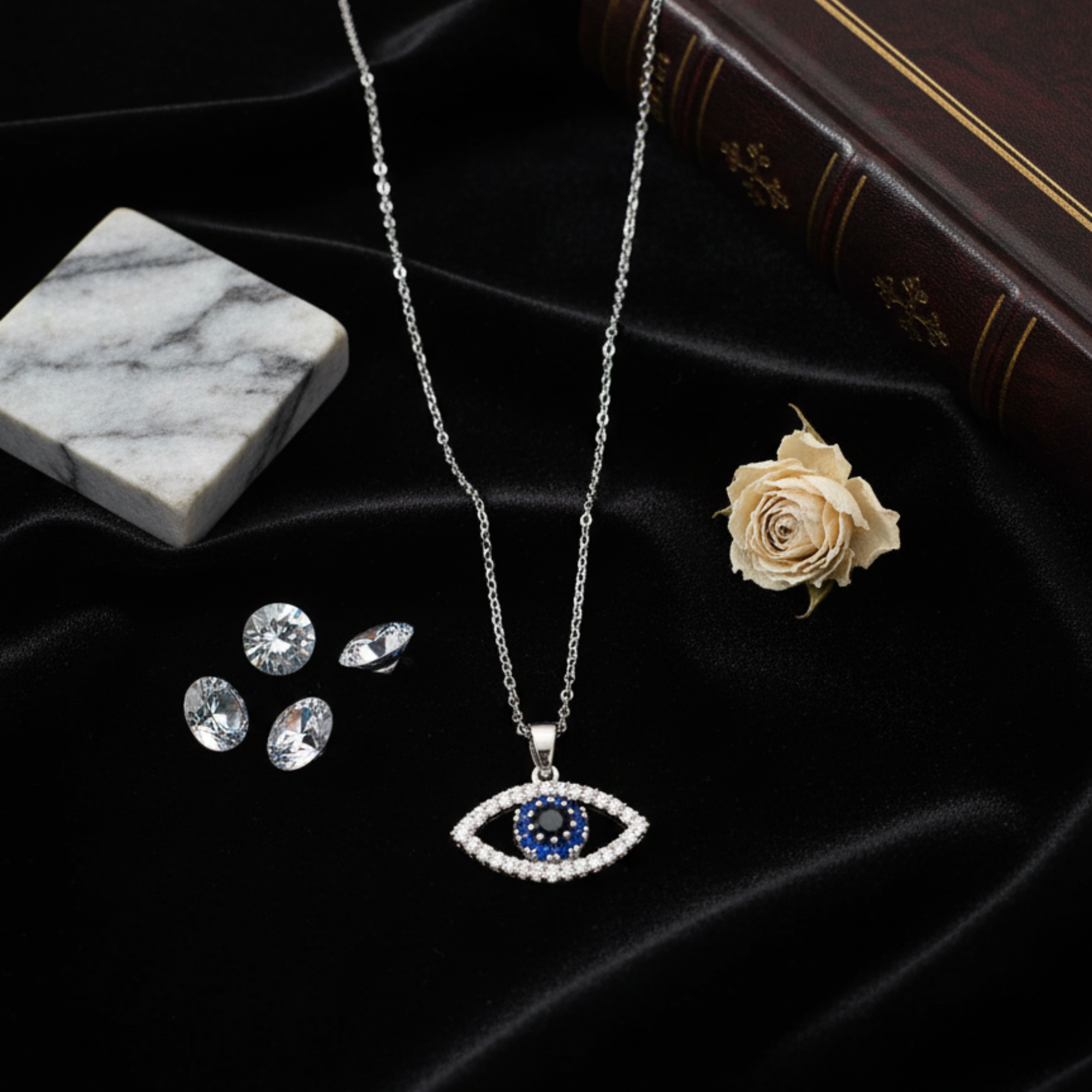 Myrithra Evil‑Eye Pendant Necklace for Women | Rhodium‑Finish Blue Nazar Charm - Myrithra