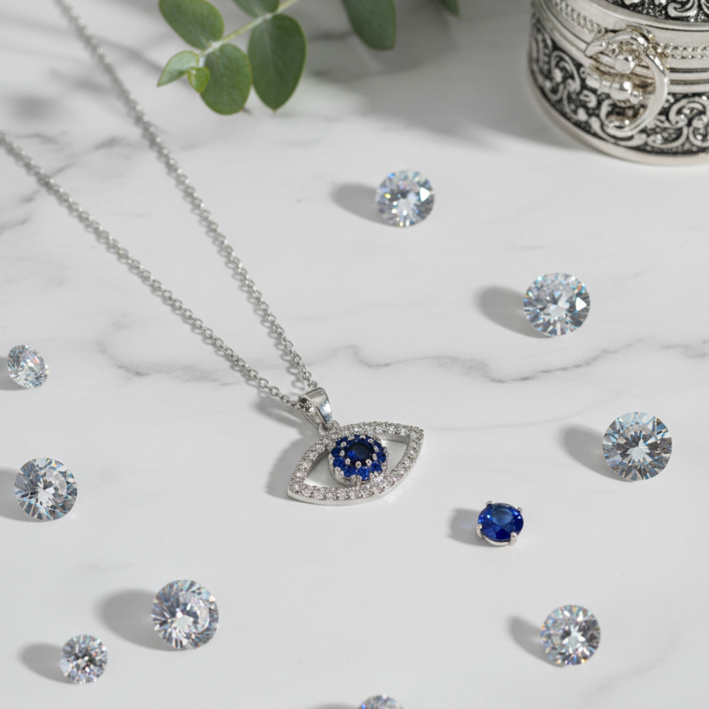 Myrithra Evil‑Eye Pendant Necklace for Women | Rhodium‑Finish Blue Nazar Charm - Myrithra