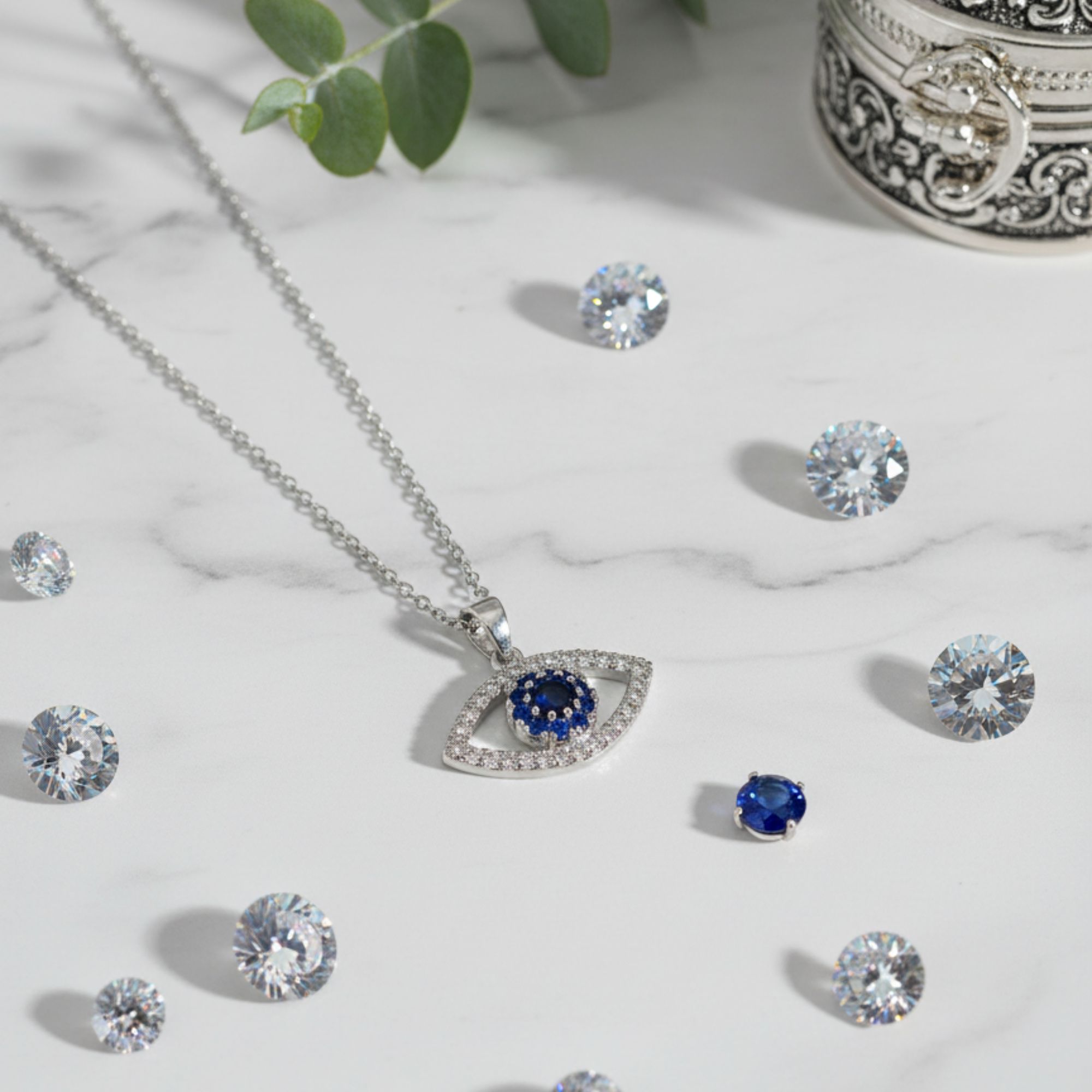 Myrithra Evil‑Eye Pendant Necklace for Women | Rhodium‑Finish Blue Nazar Charm - Myrithra