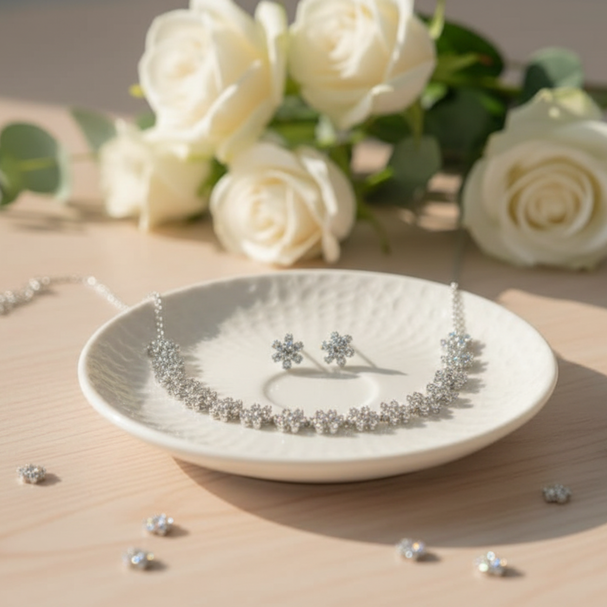 Myrithra Floral Crystal Necklace with Earrings Set | Rhodium‑Finish Bridal Party Jewelry - Myrithra