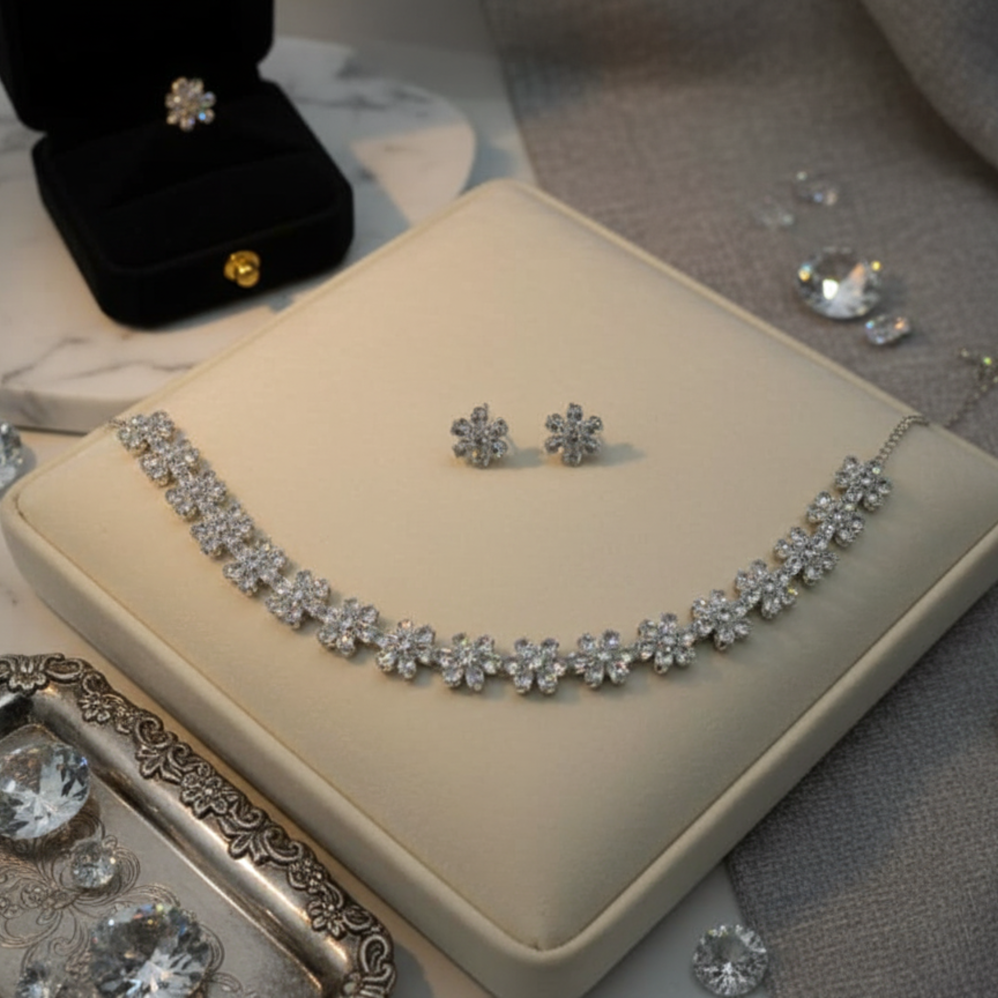 Myrithra Floral Crystal Necklace with Earrings Set | Rhodium‑Finish Bridal Party Jewelry - Myrithra