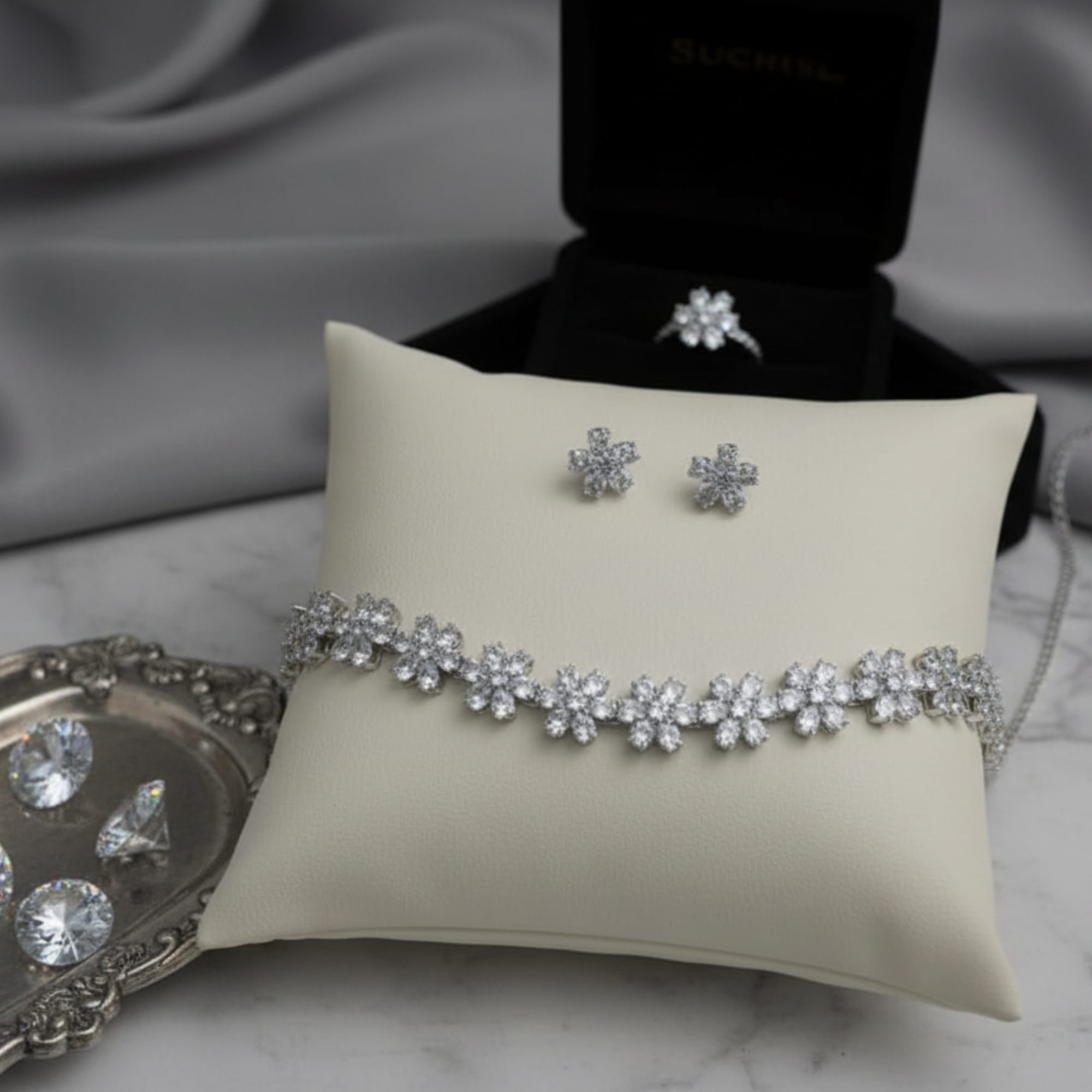 Myrithra Floral Crystal Necklace with Earrings Set | Rhodium‑Finish Bridal Party Jewelry - Myrithra