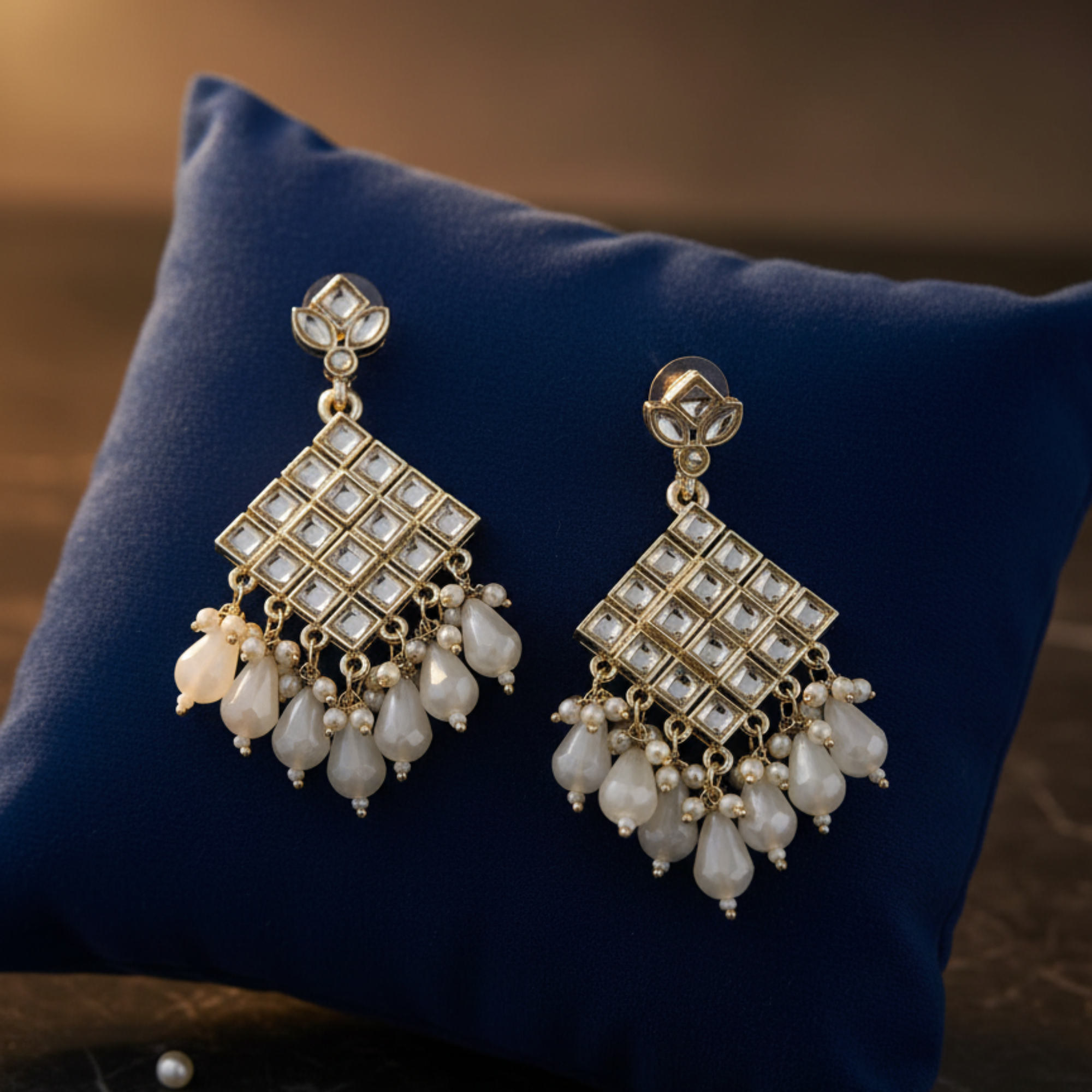 Myrithra Kundan‑Style Geometric Pearl Chandelier Earrings for Women | Festive Statement Drops - Myrithra