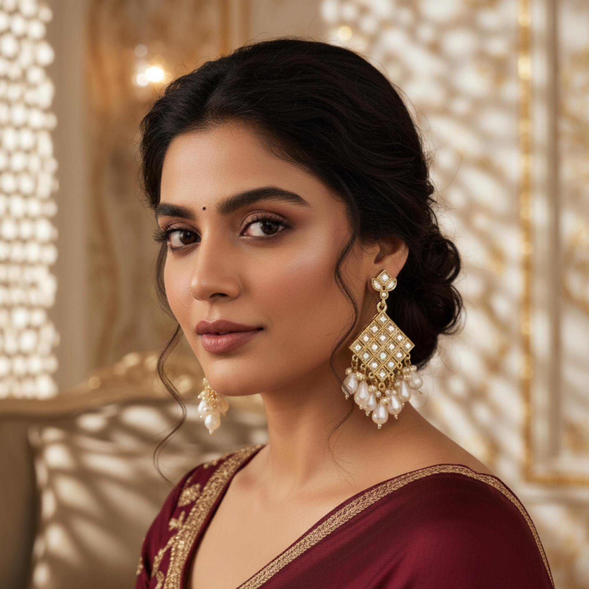 Myrithra Kundan‑Style Geometric Pearl Chandelier Earrings for Women | Festive Statement Drops - Myrithra