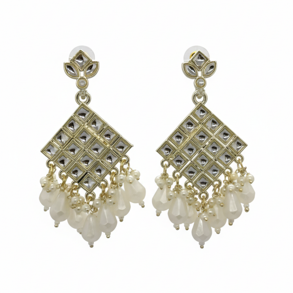 Myrithra Kundan‑Style Geometric Pearl Chandelier Earrings for Women | Festive Statement Drops - Myrithra
