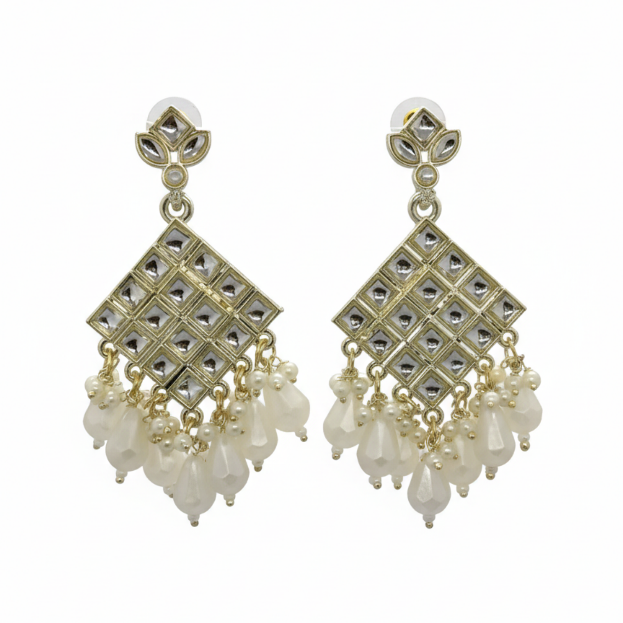 Myrithra Kundan‑Style Geometric Pearl Chandelier Earrings for Women | Festive Statement Drops - Myrithra