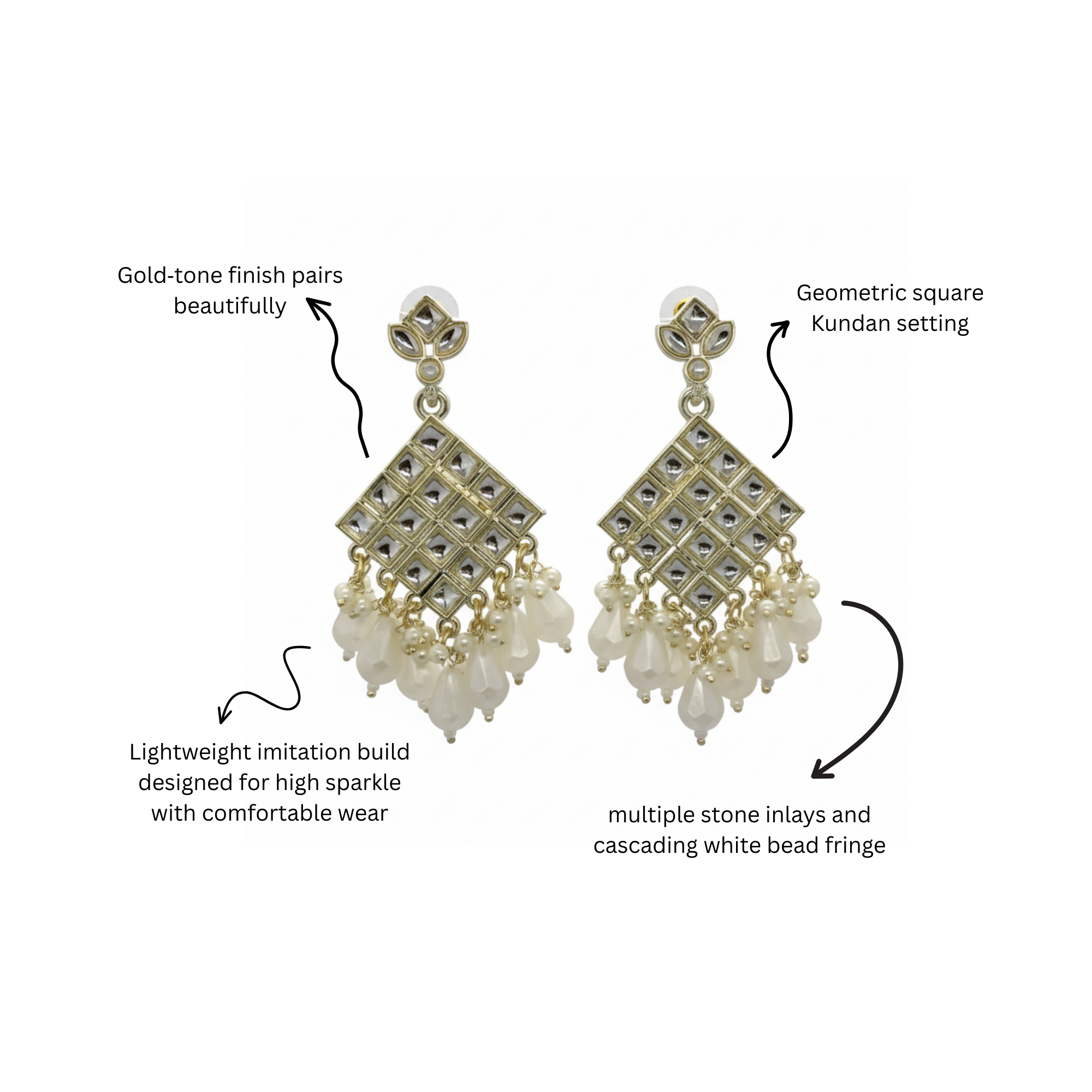 Myrithra Kundan‑Style Geometric Pearl Chandelier Earrings for Women | Festive Statement Drops - Myrithra