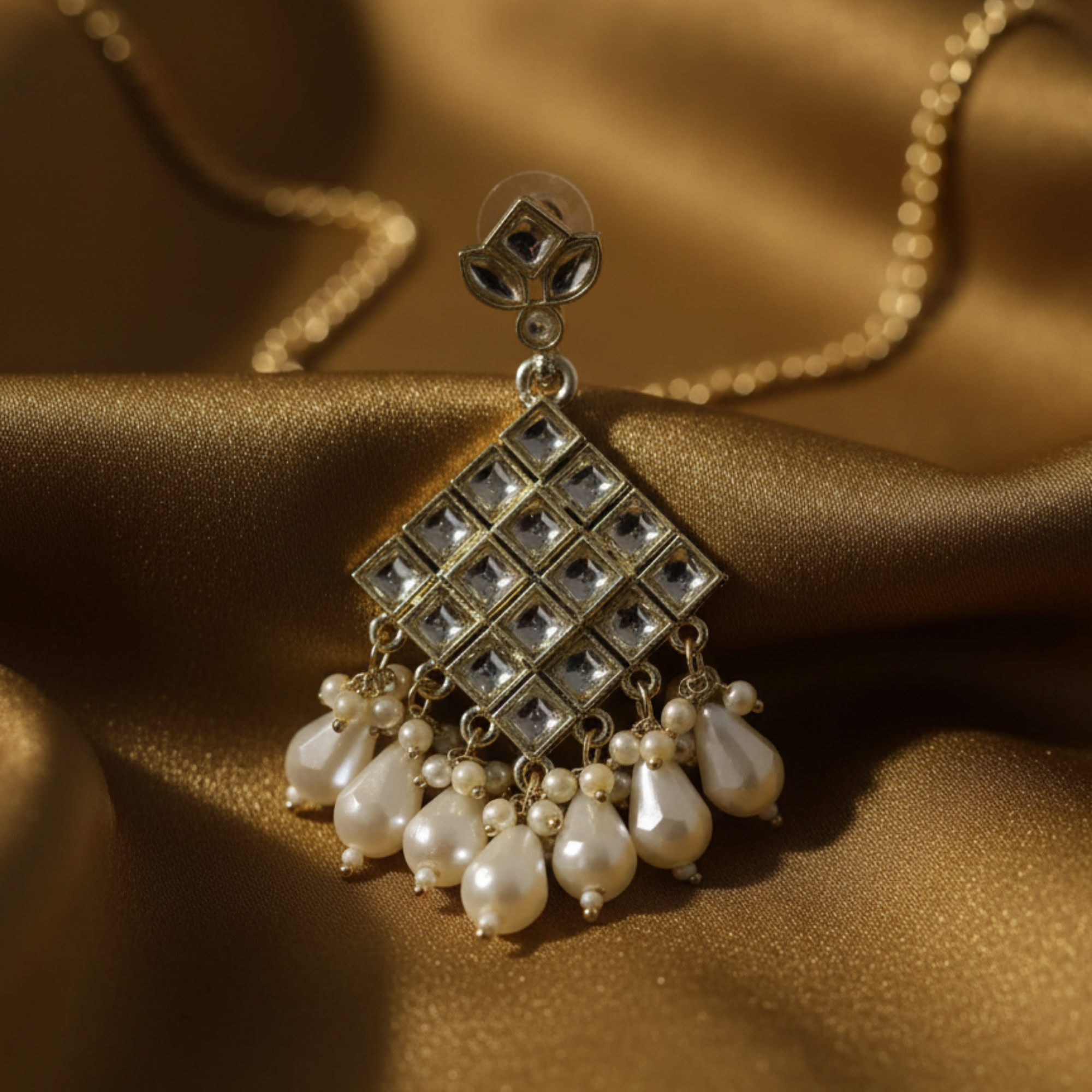Myrithra Kundan‑Style Geometric Pearl Chandelier Earrings for Women | Festive Statement Drops - Myrithra