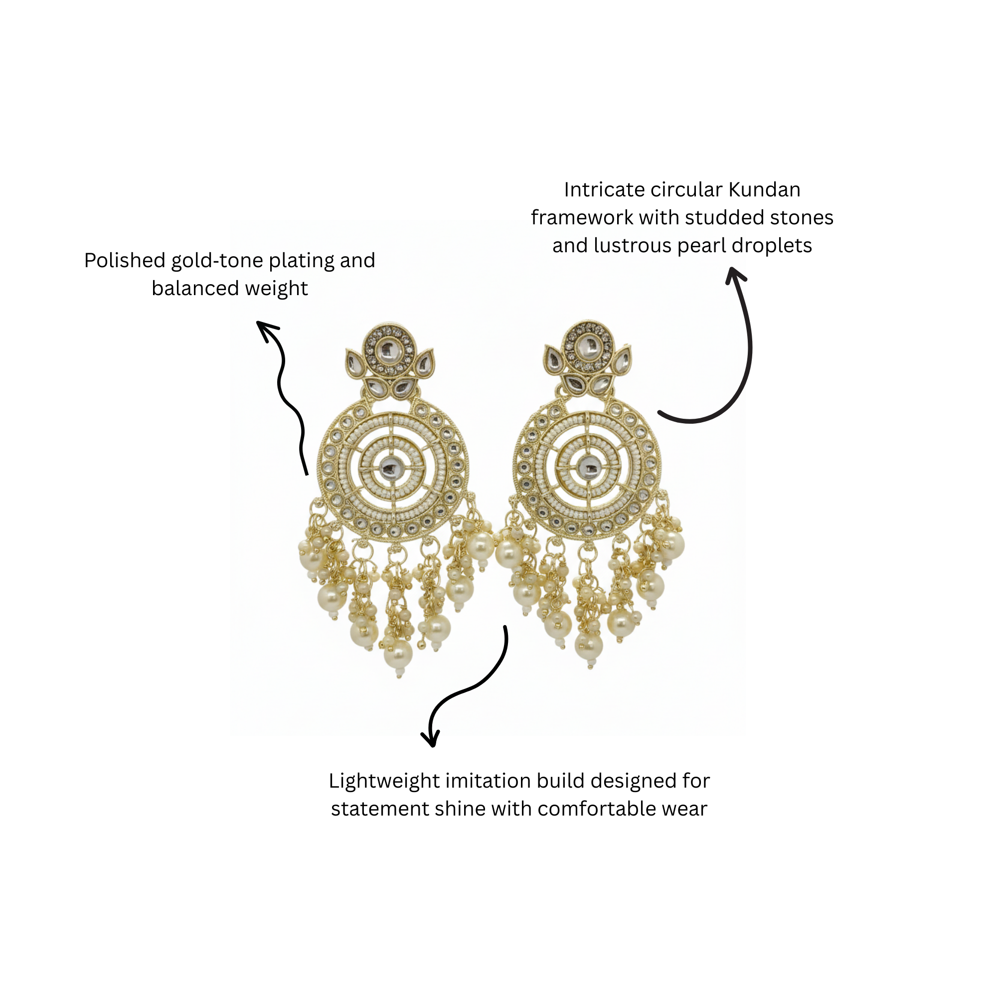Myrithra Kundan‑Style Pearl Chandelier Earrings for Women | Chandbali‑Inspired Festive Drops - Myrithra