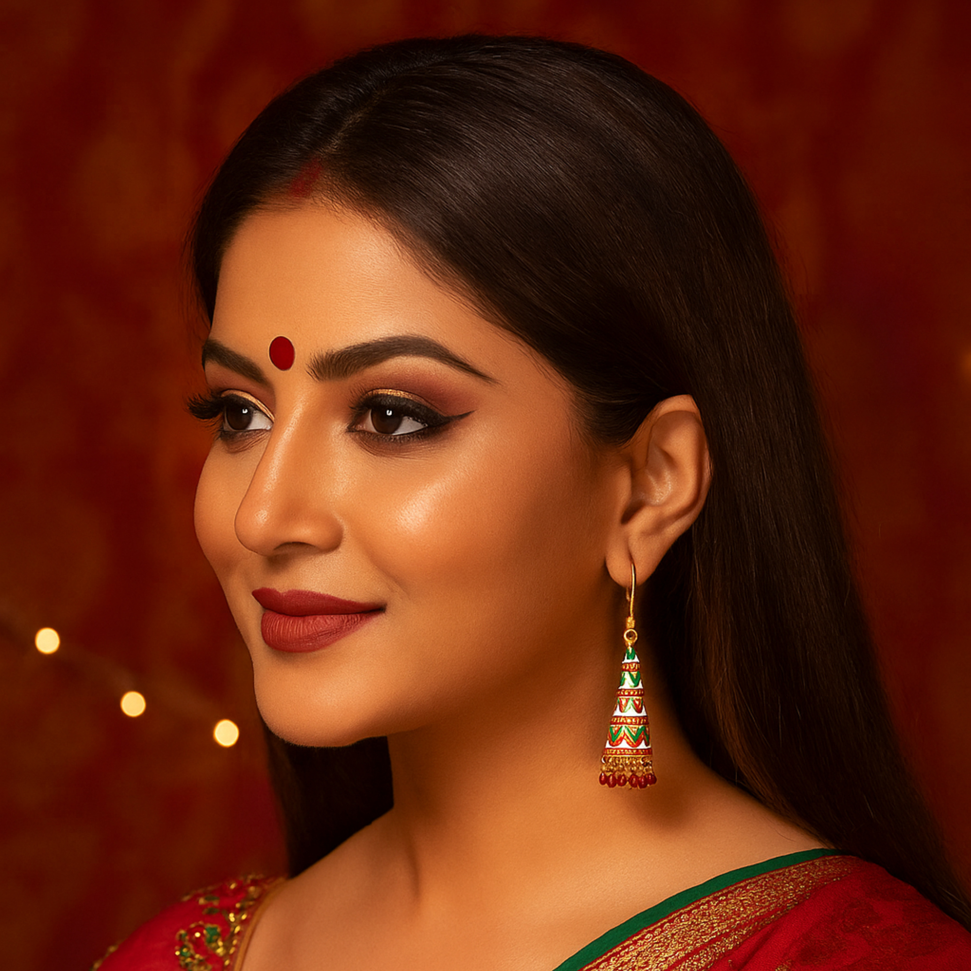 Myrithra Meenakari Jhumka Earrings for Women | Red‑Green Enamel Cone Drops with Bead Fringe - Myrithra