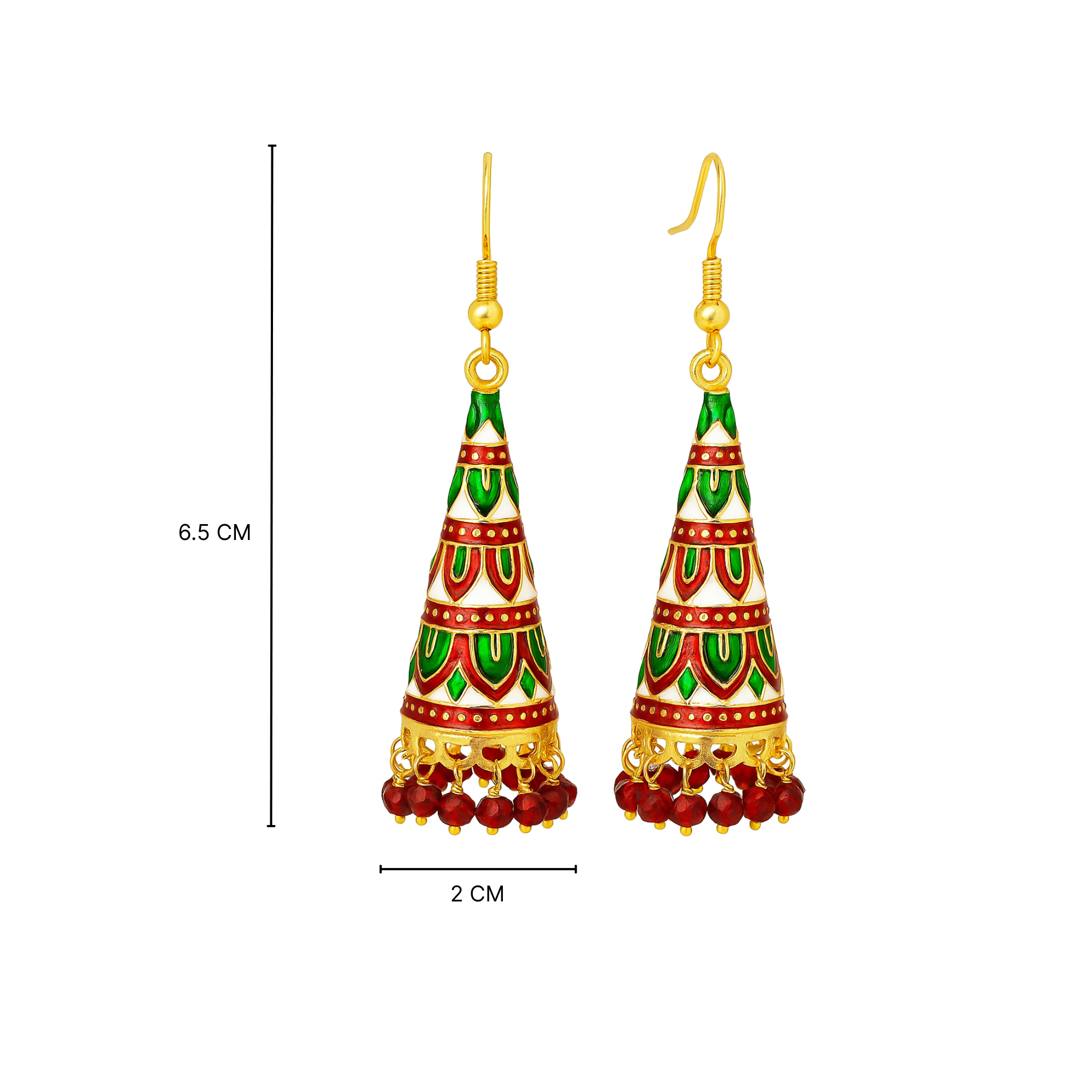 Myrithra Meenakari Jhumka Earrings for Women | Red‑Green Enamel Cone Drops with Bead Fringe - Myrithra