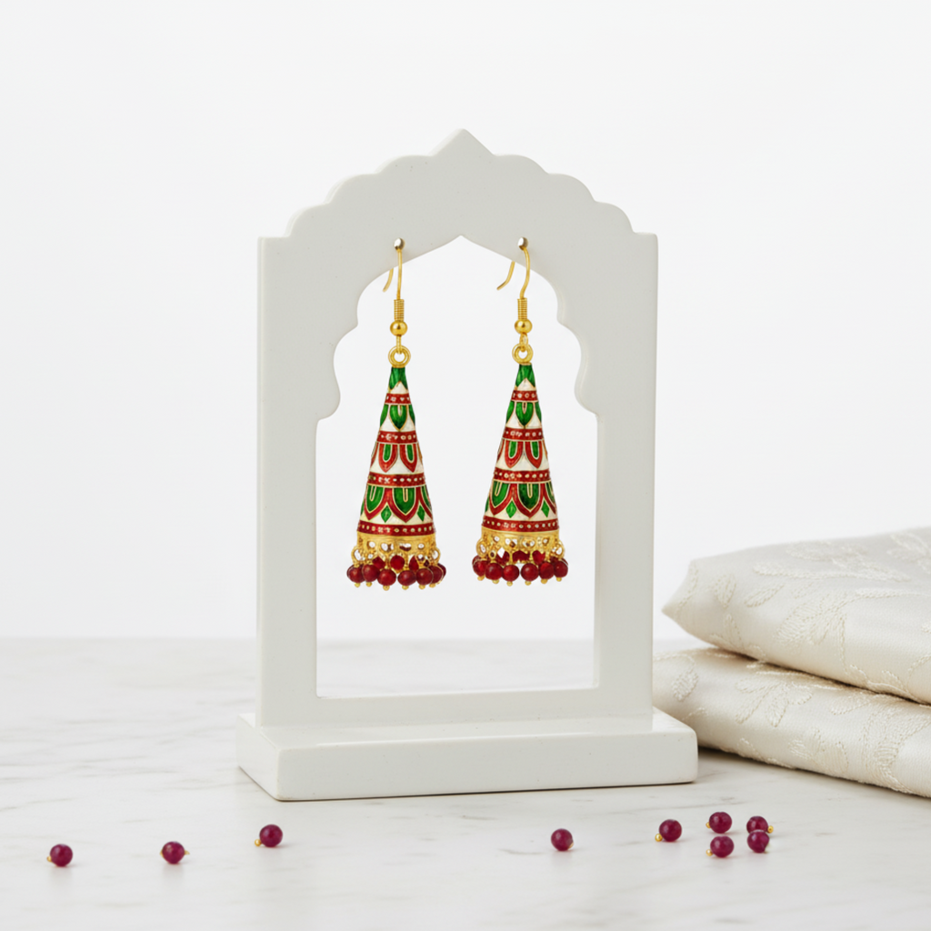 Myrithra Meenakari Jhumka Earrings for Women | Red‑Green Enamel Cone Drops with Bead Fringe - Myrithra