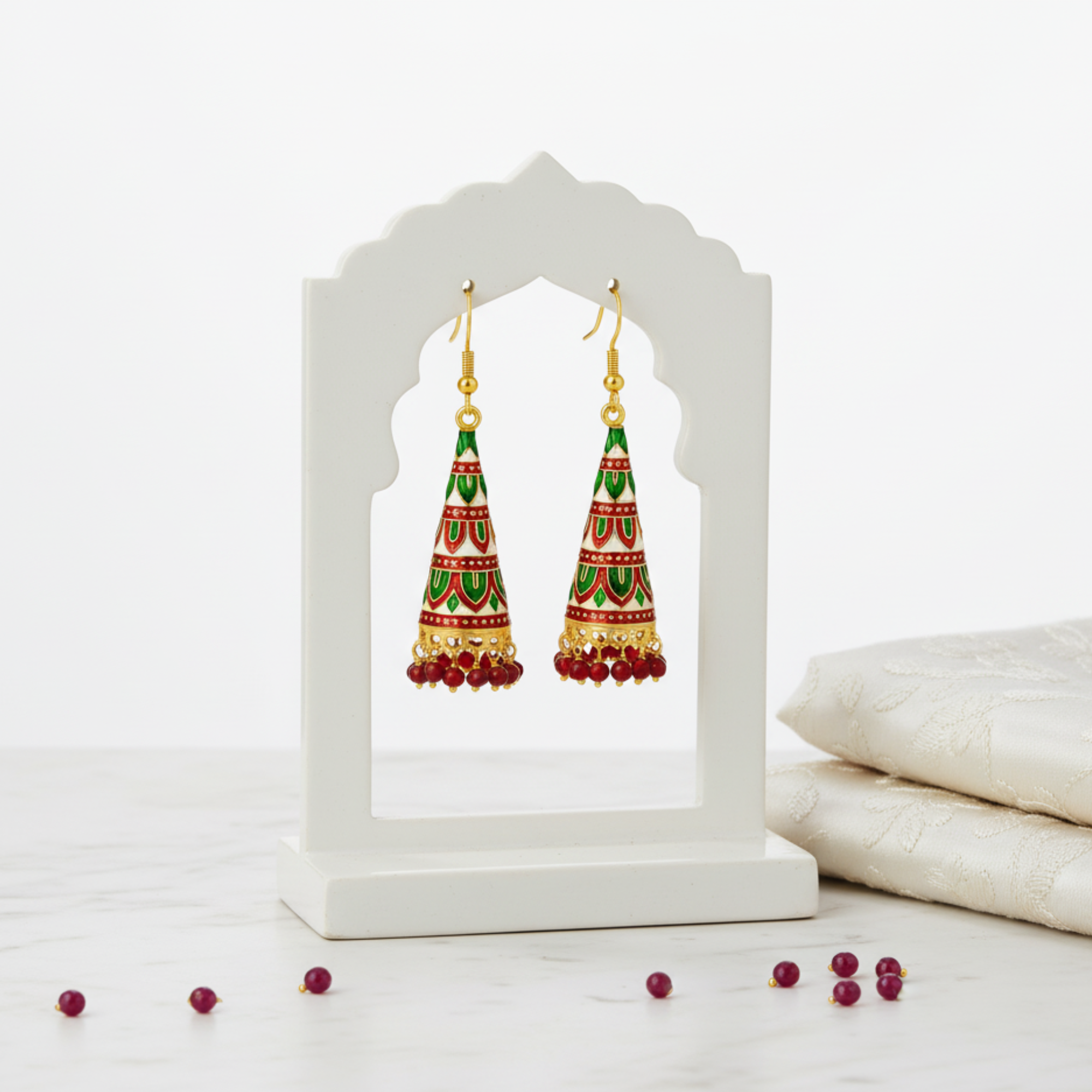 Myrithra Meenakari Jhumka Earrings for Women | Red‑Green Enamel Cone Drops with Bead Fringe - Myrithra