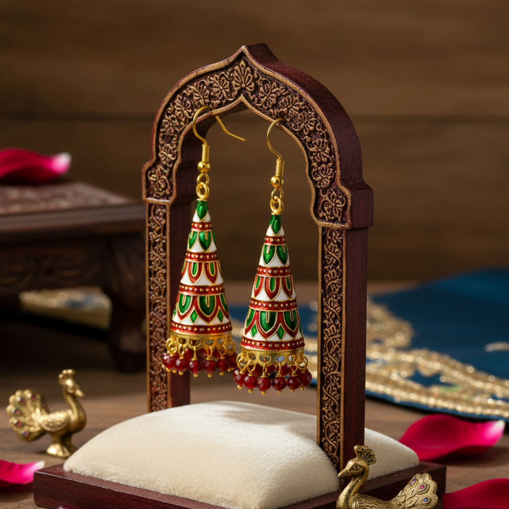 Myrithra Meenakari Jhumka Earrings for Women | Red‑Green Enamel Cone Drops with Bead Fringe - Myrithra