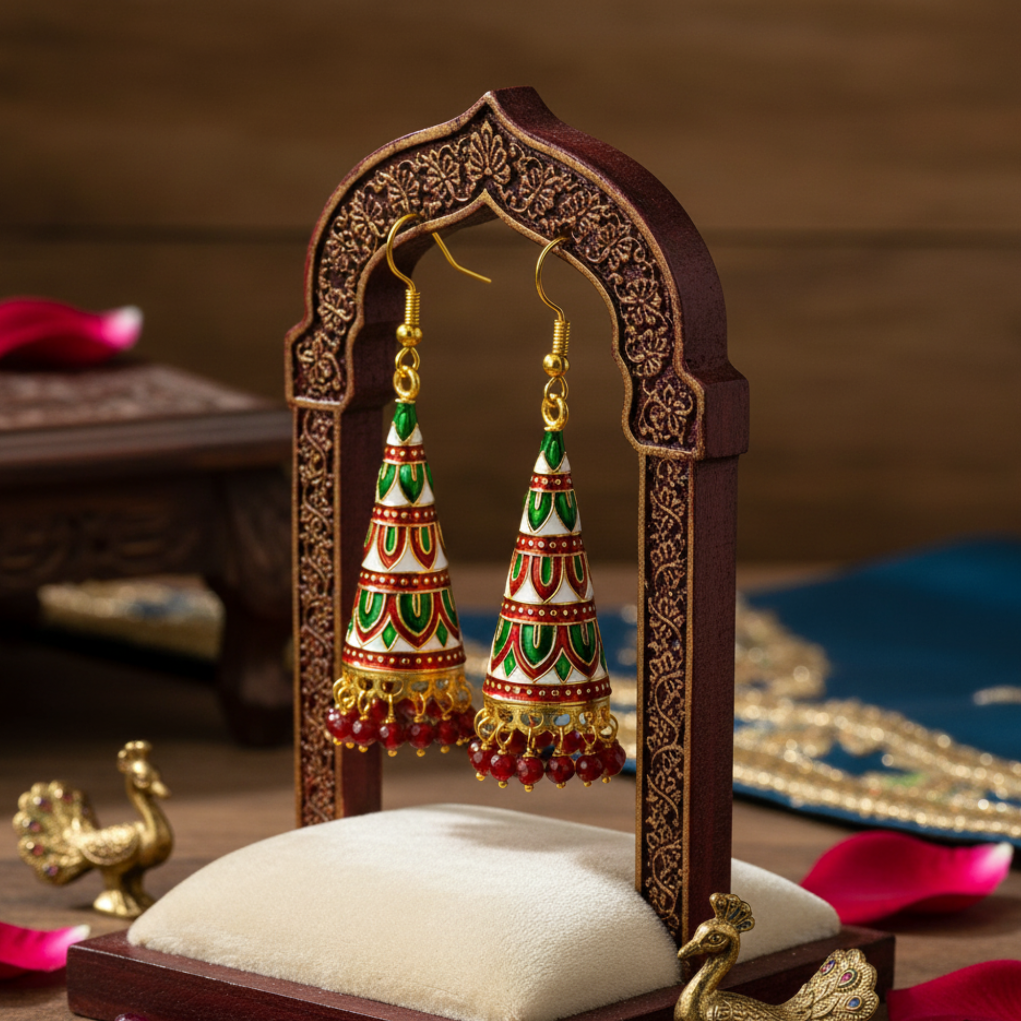 Myrithra Meenakari Jhumka Earrings for Women | Red‑Green Enamel Cone Drops with Bead Fringe - Myrithra
