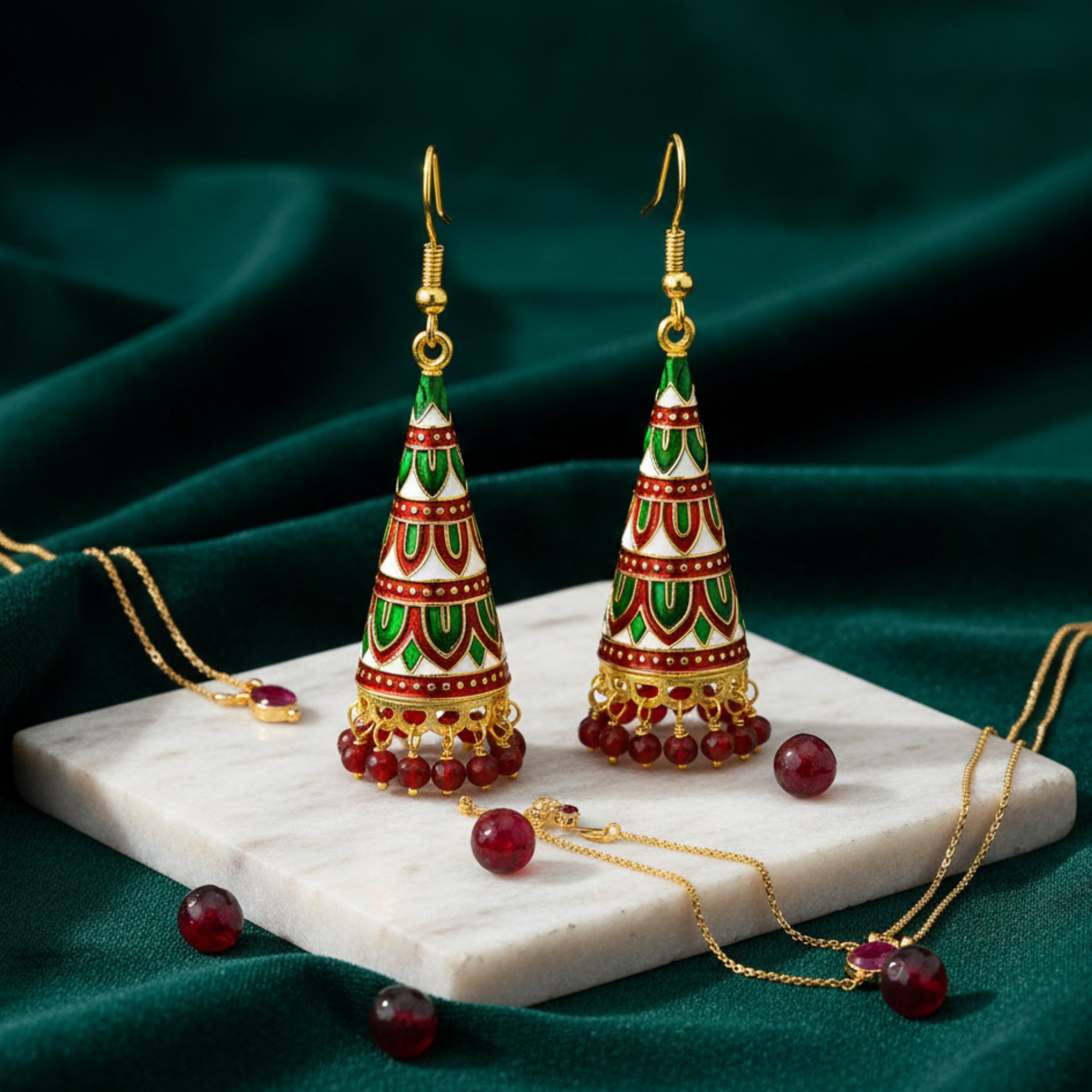 Myrithra Meenakari Jhumka Earrings for Women | Red‑Green Enamel Cone Drops with Bead Fringe - Myrithra