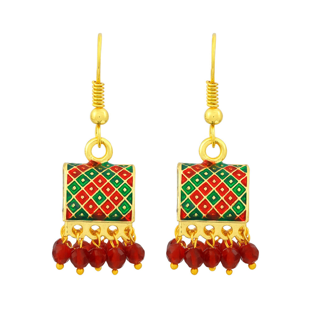 Myrithra Meenakari Square Dangle Earrings for Women | Red‑Green Enamel Drops - Myrithra
