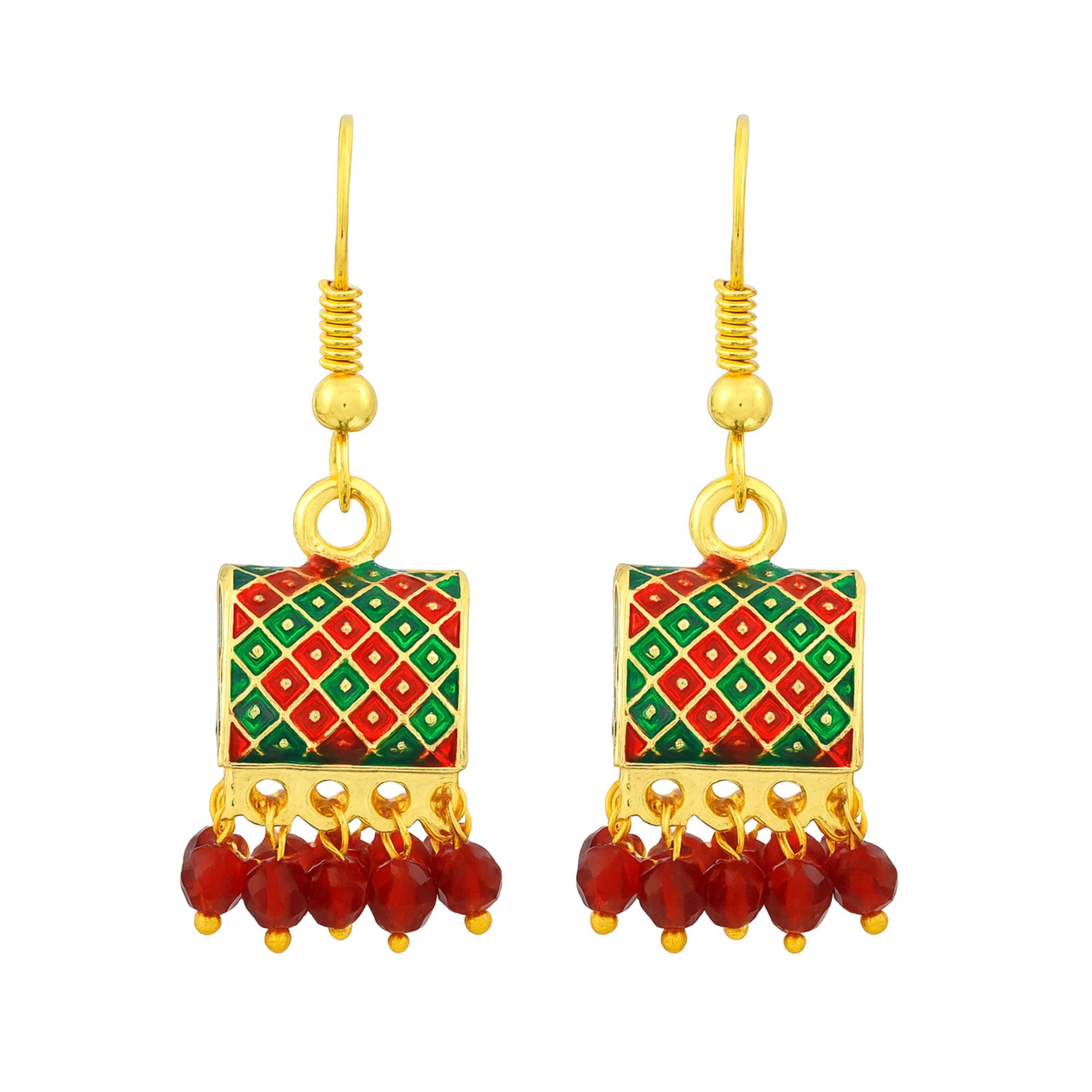 Myrithra Meenakari Square Dangle Earrings for Women | Red‑Green Enamel Drops - Myrithra