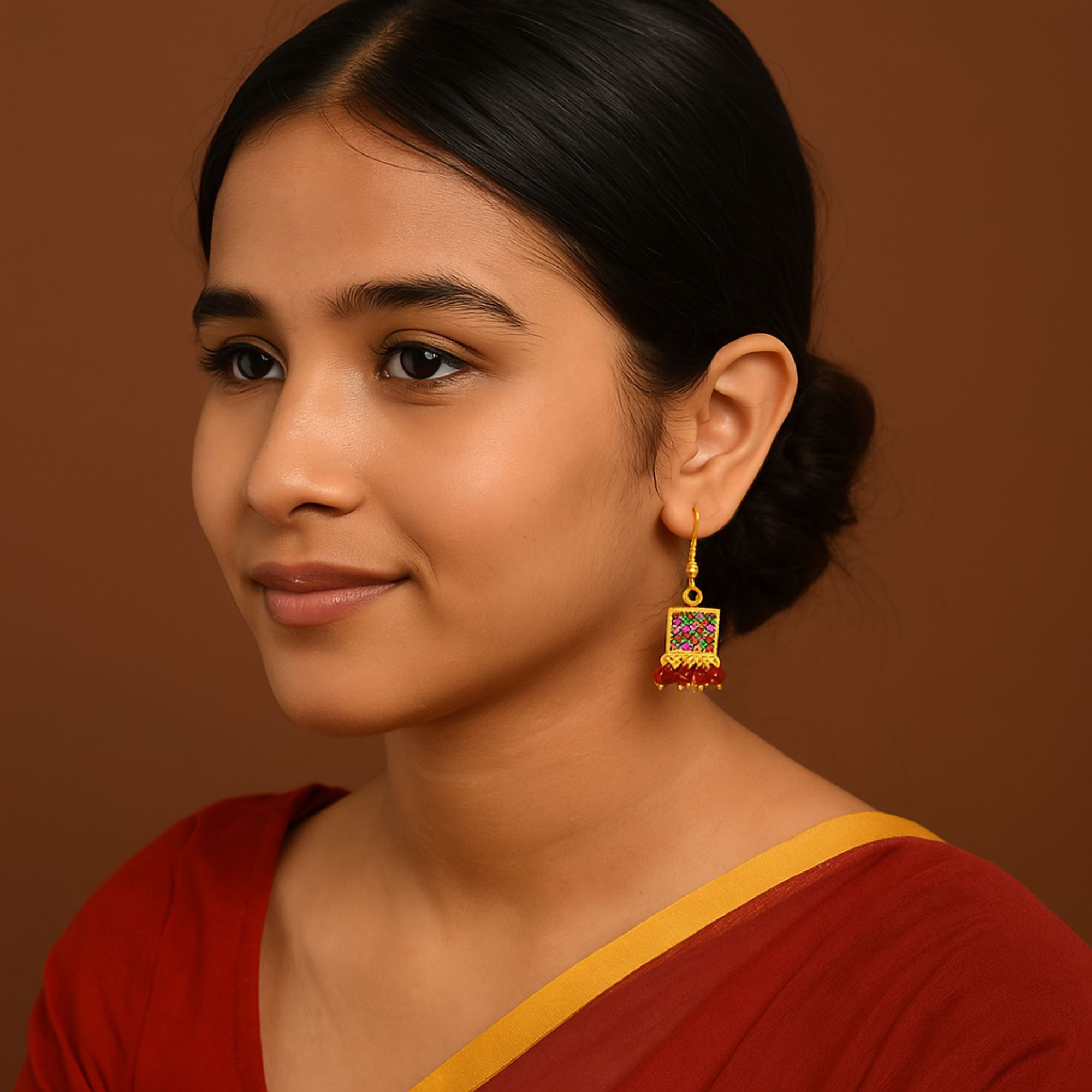 Myrithra Meenakari Square Dangle Earrings for Women | Red‑Green Enamel Drops - Myrithra