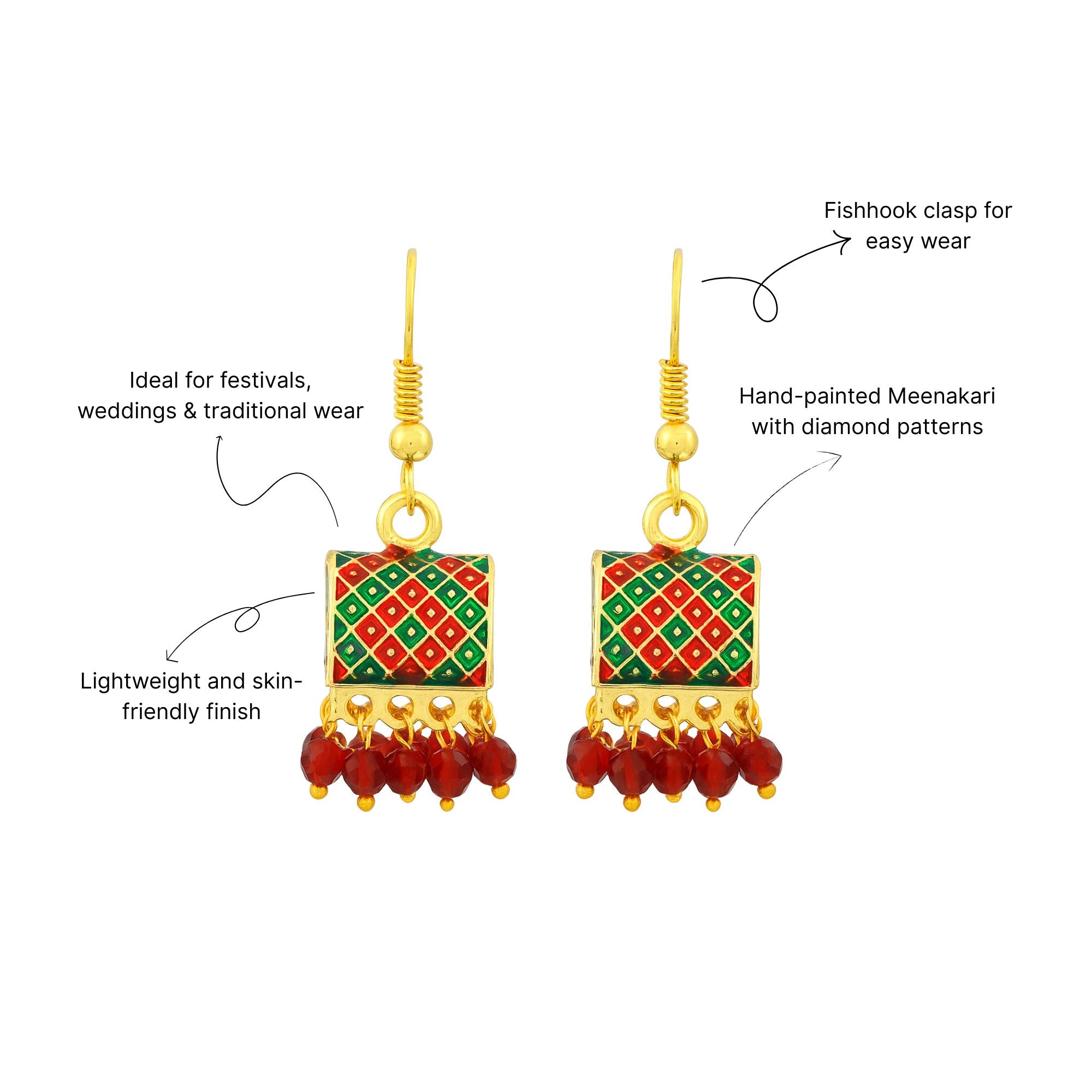 Myrithra Meenakari Square Dangle Earrings for Women | Red‑Green Enamel Drops - Myrithra