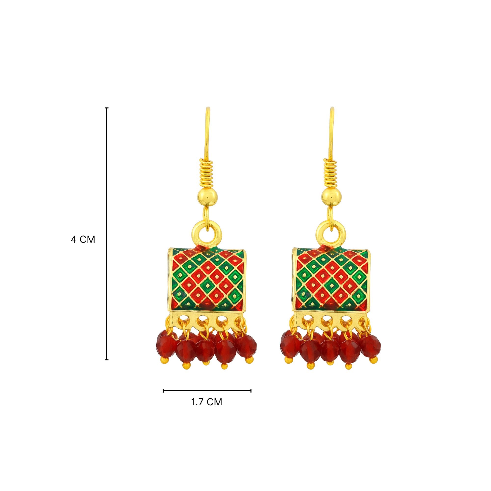 Myrithra Meenakari Square Dangle Earrings for Women | Red‑Green Enamel Drops - Myrithra