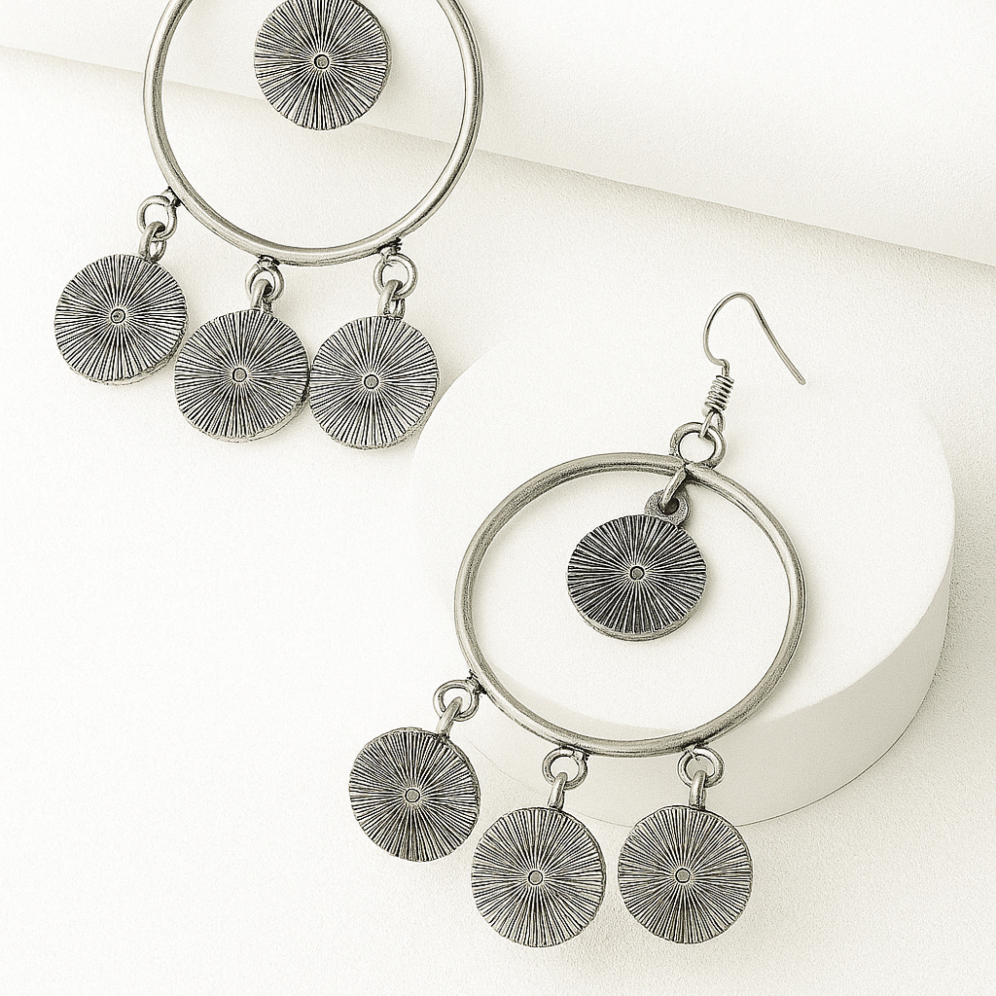 Myrithra Oxidised Coin‑Charm Hoop Earrings for Women | Boho Dangle Ethnic Drops - Myrithra
