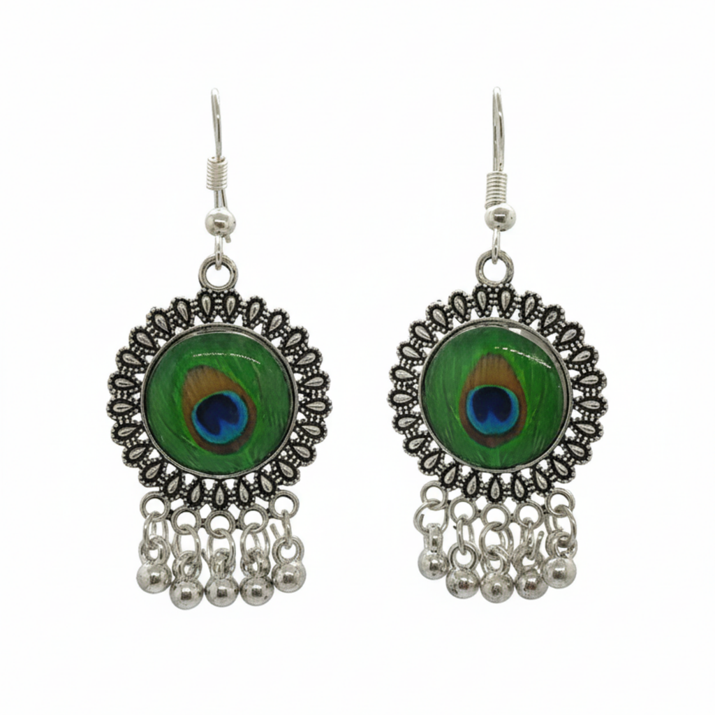 Myrithra Oxidised Peacock Motif Dangle Earrings for Women | Silver‑Tone Ethnic Drop - Myrithra