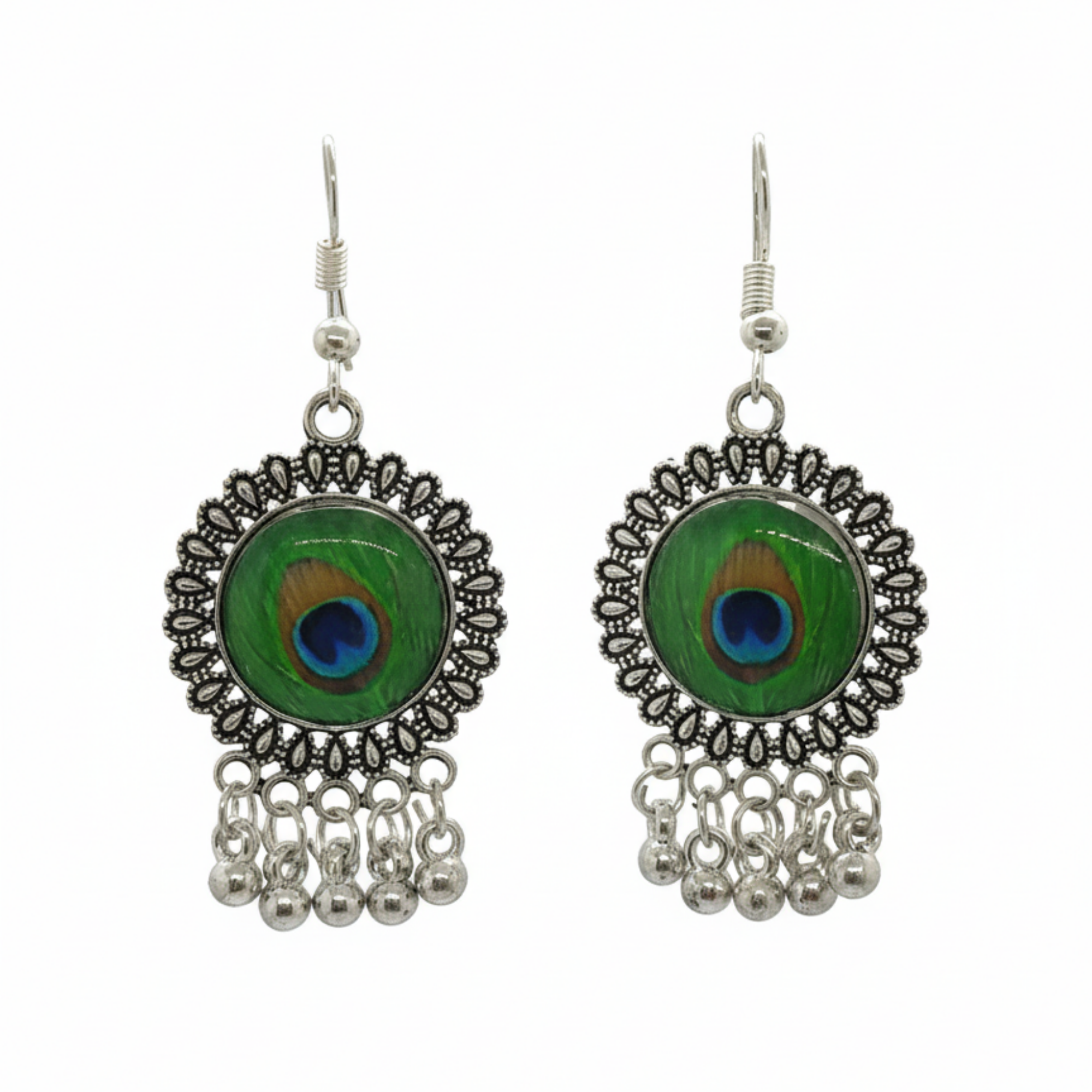 Myrithra Oxidised Peacock Motif Dangle Earrings for Women | Silver‑Tone Ethnic Drop - Myrithra