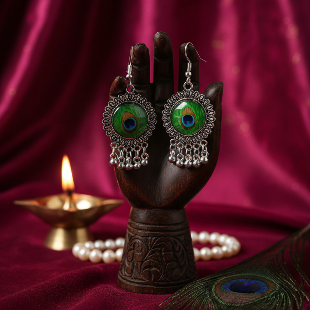 Myrithra Oxidised Peacock Motif Dangle Earrings for Women | Silver‑Tone Ethnic Drop - Myrithra