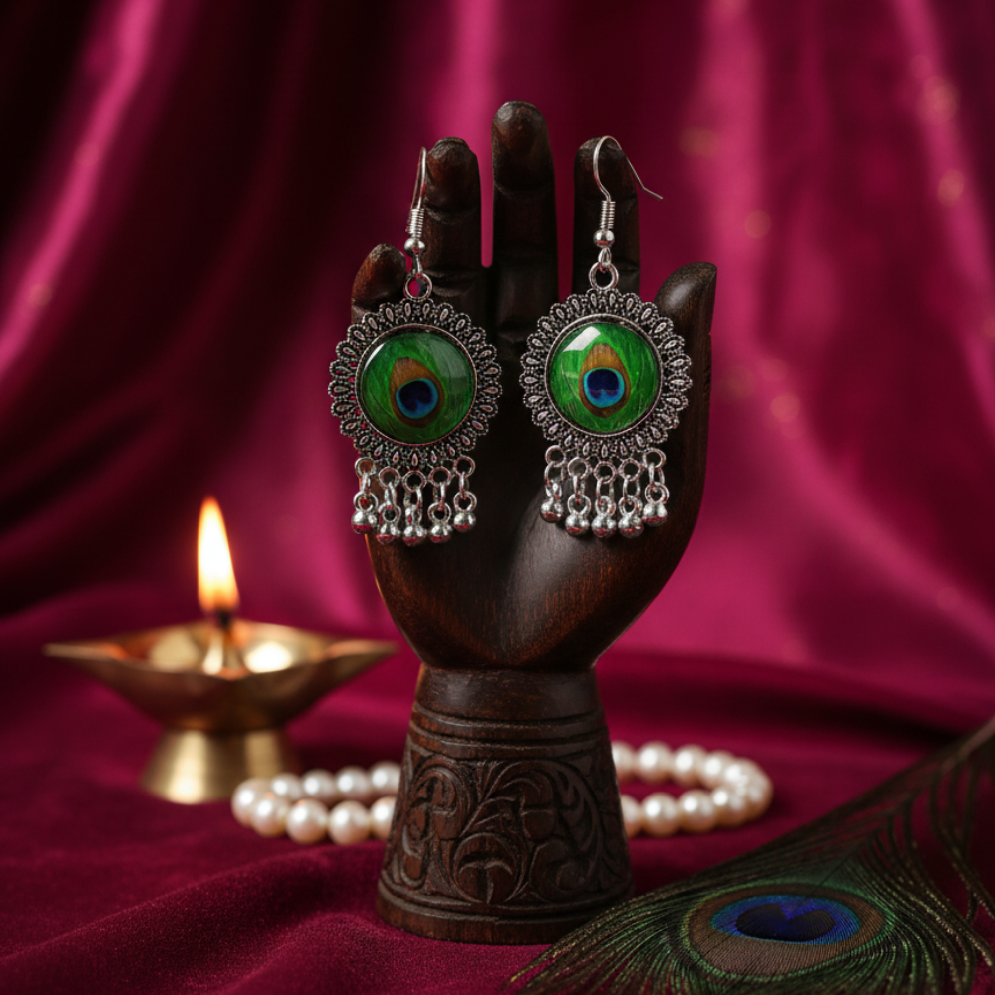 Myrithra Oxidised Peacock Motif Dangle Earrings for Women | Silver‑Tone Ethnic Drop - Myrithra