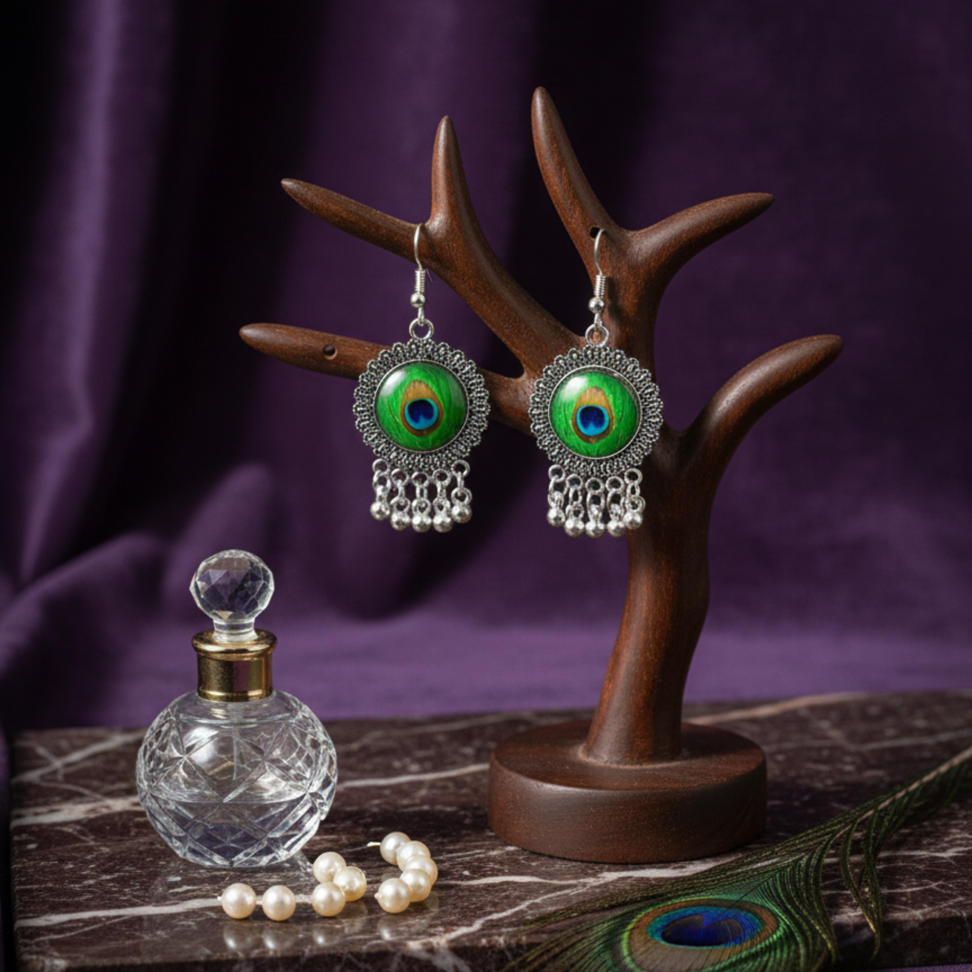 Myrithra Oxidised Peacock Motif Dangle Earrings for Women | Silver‑Tone Ethnic Drop - Myrithra