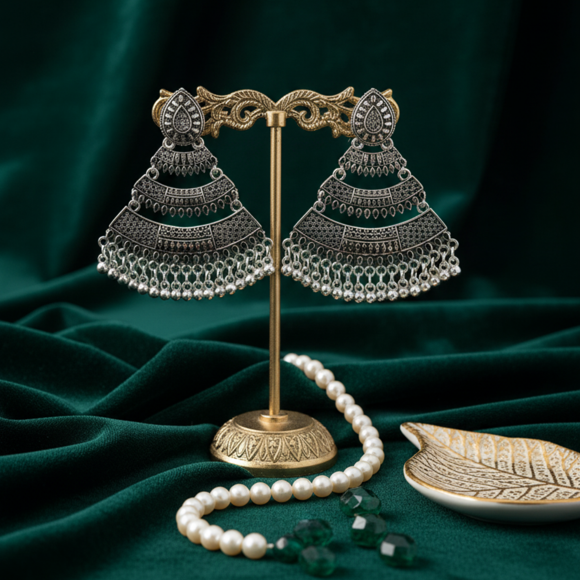 Myrithra Oxidised Silver‑Tone Chandelier Earrings for Women | Festive Dangle with Bead Fringe - Myrithra
