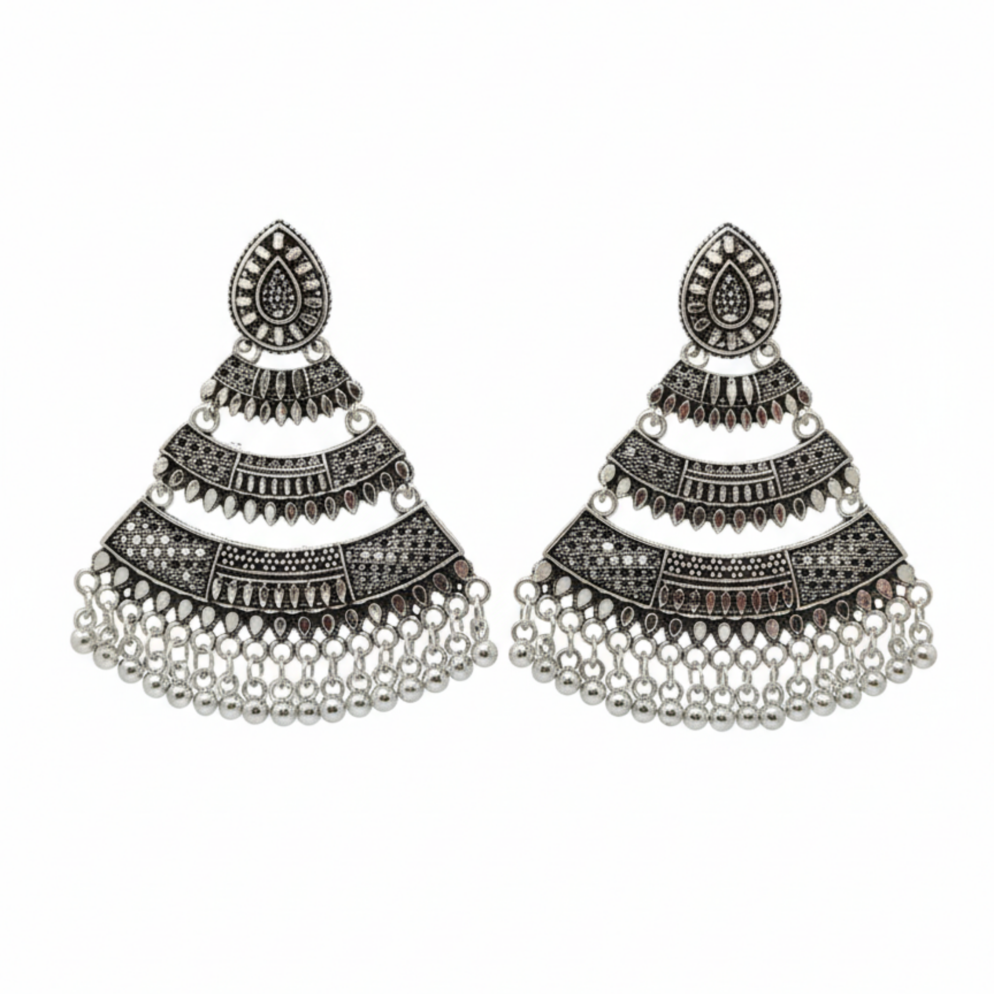 Myrithra Oxidised Silver‑Tone Chandelier Earrings for Women | Festive Dangle with Bead Fringe - Myrithra
